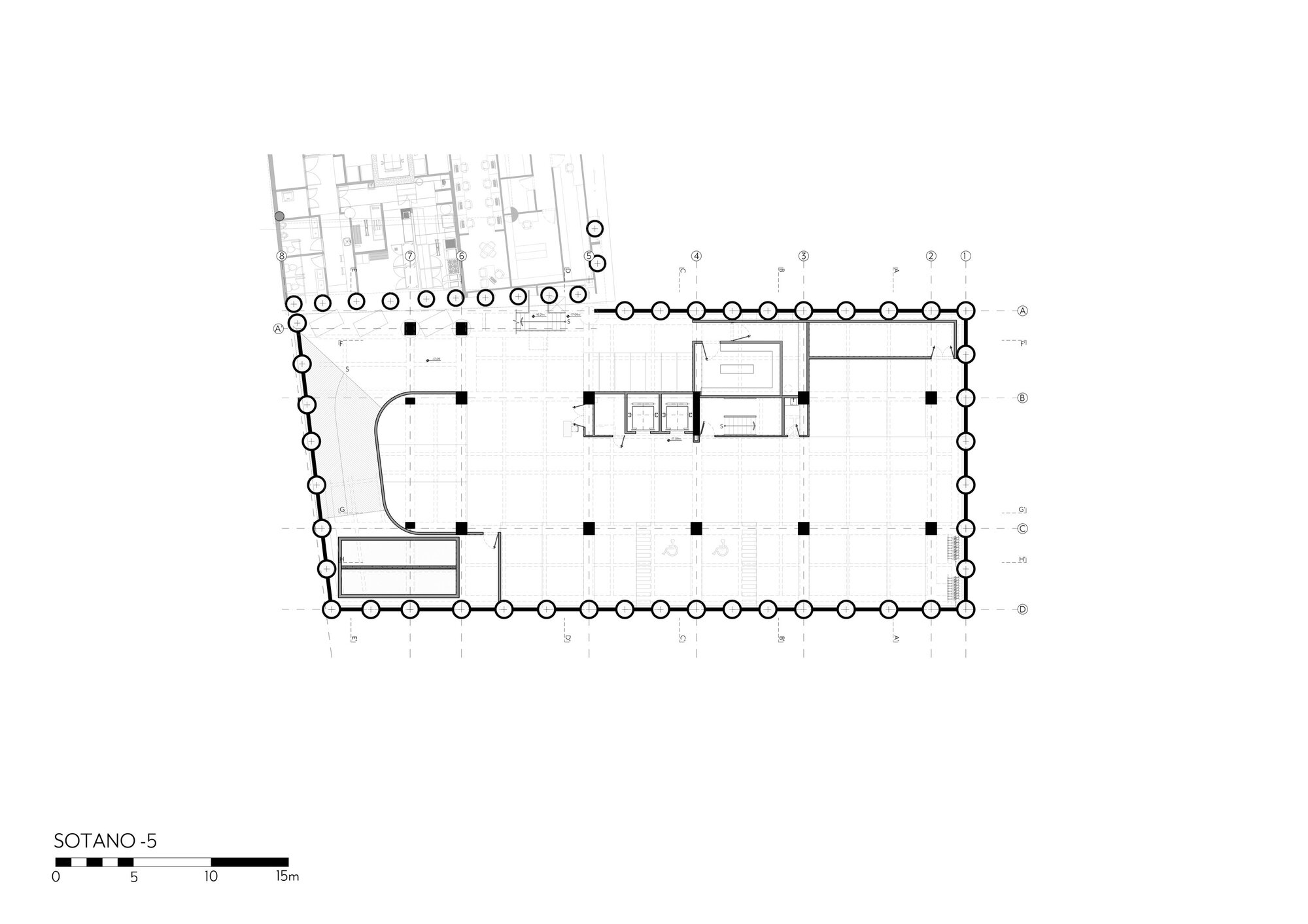Floor plan drawing of the lowest basement level, a rectangular slab ringed by circular columns around a central core with stairs and lifts