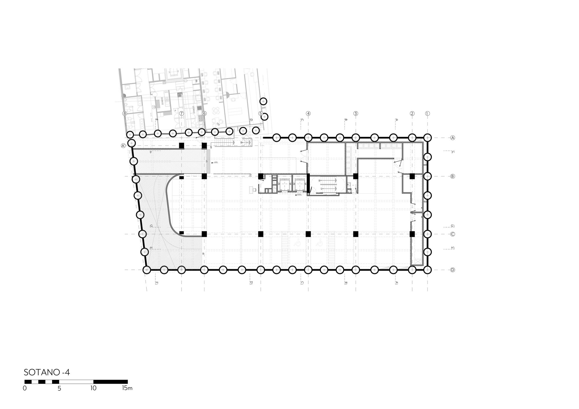 Floor plan drawing of the fourth basement level showing a curved ramp wall at the west end and service rooms beside the core