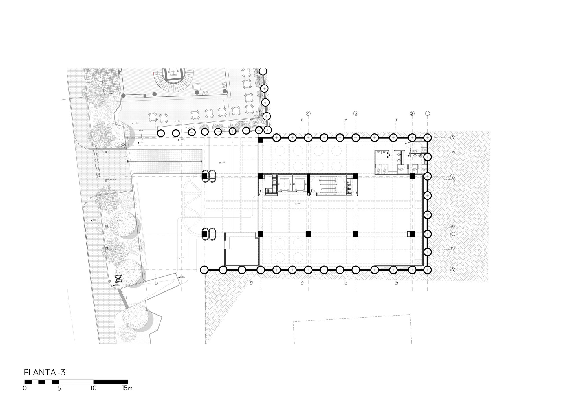 Floor plan drawing of the third lower level showing the column-ringed volume, a bathroom block and a planted path with trees beside it