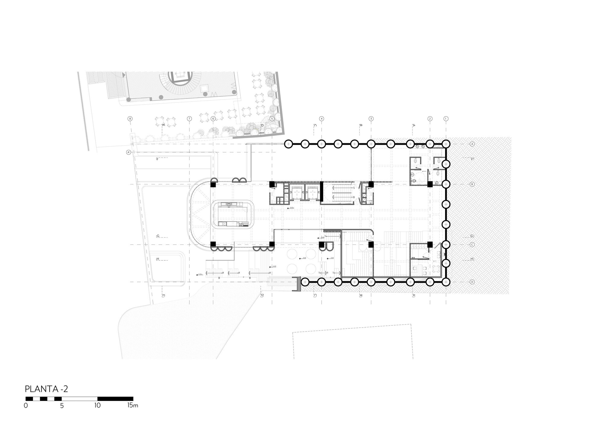 Floor plan drawing of the second lower level with a curved glazed volume, a central core and a terrace with café tables above