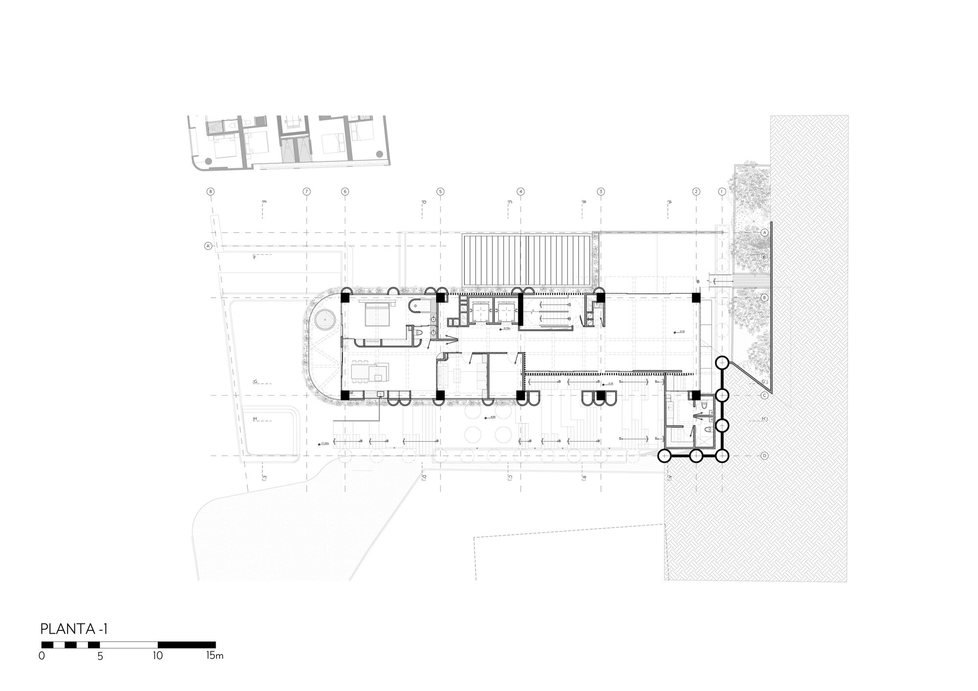 Floor plan drawing of the first lower level showing a narrow, rounded-end wing with rooms, a core and a tree-lined paved edge