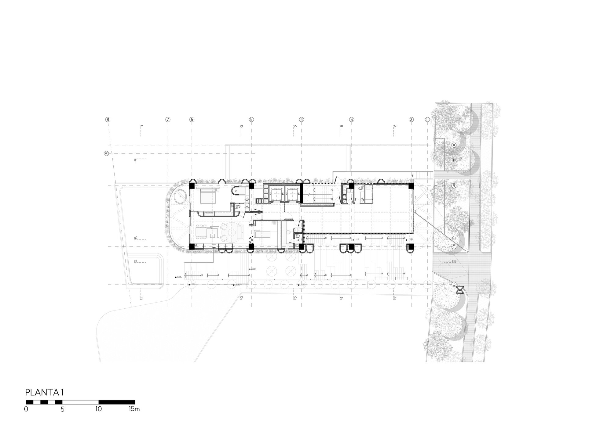 Floor plan drawing of the upper level showing a long narrow wing with rounded west end, a central core and a row of trees on the east side