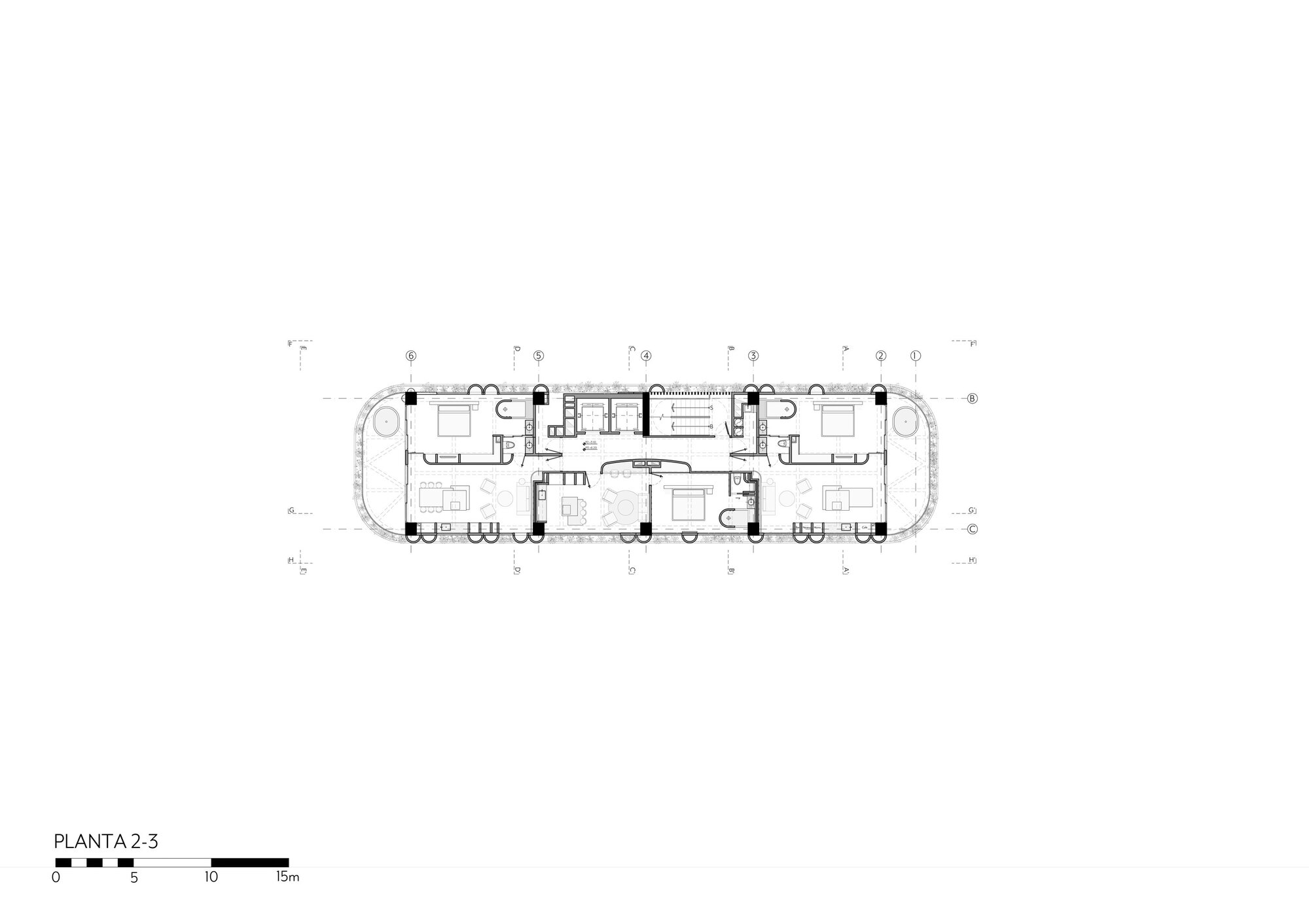 Floor plan drawing for levels 2 and 3 showing four apartments around a central core with stair and lifts