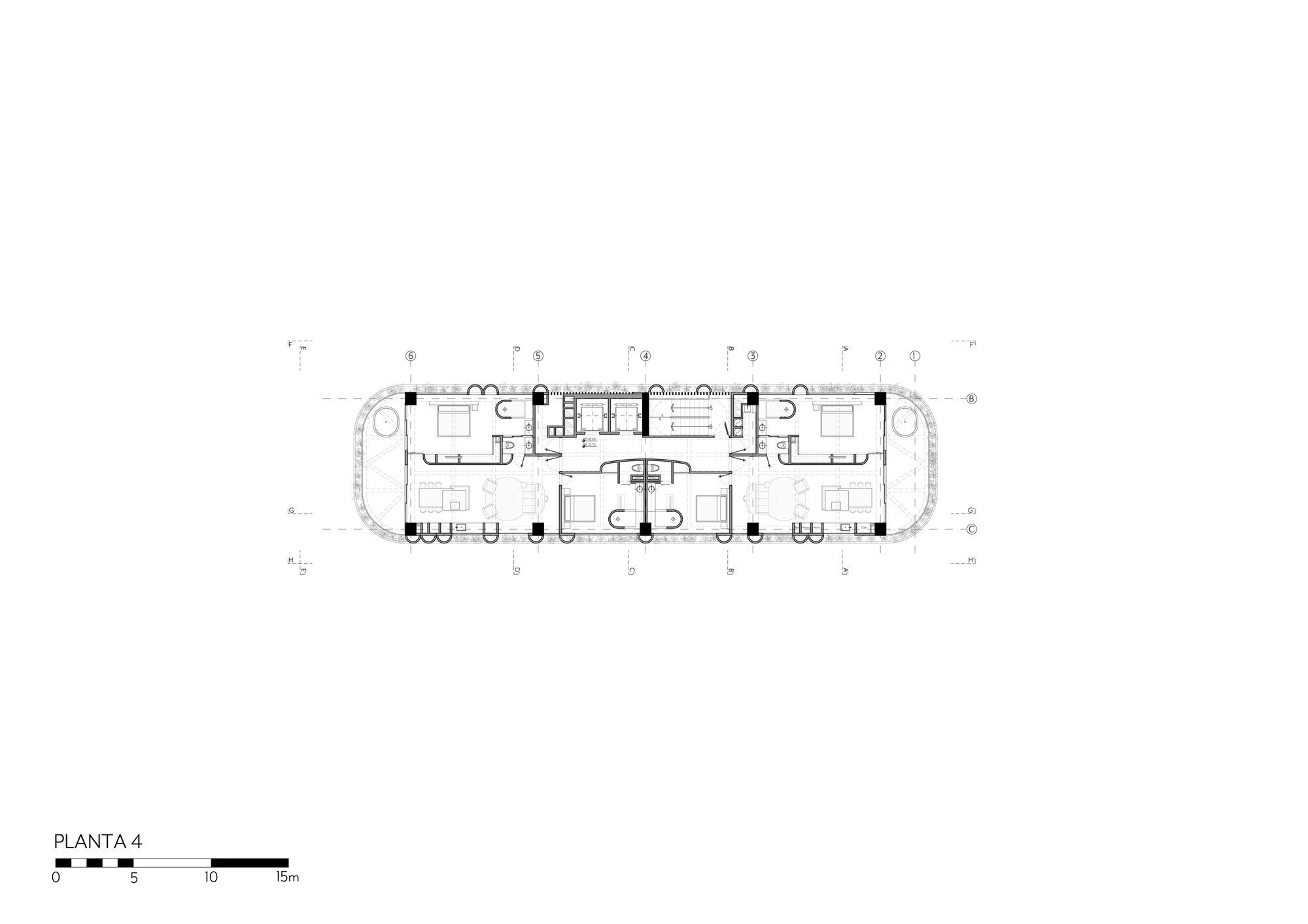 Floor plan drawing for level 4 showing a rounded rectangular slab with apartments flanking a central stair core