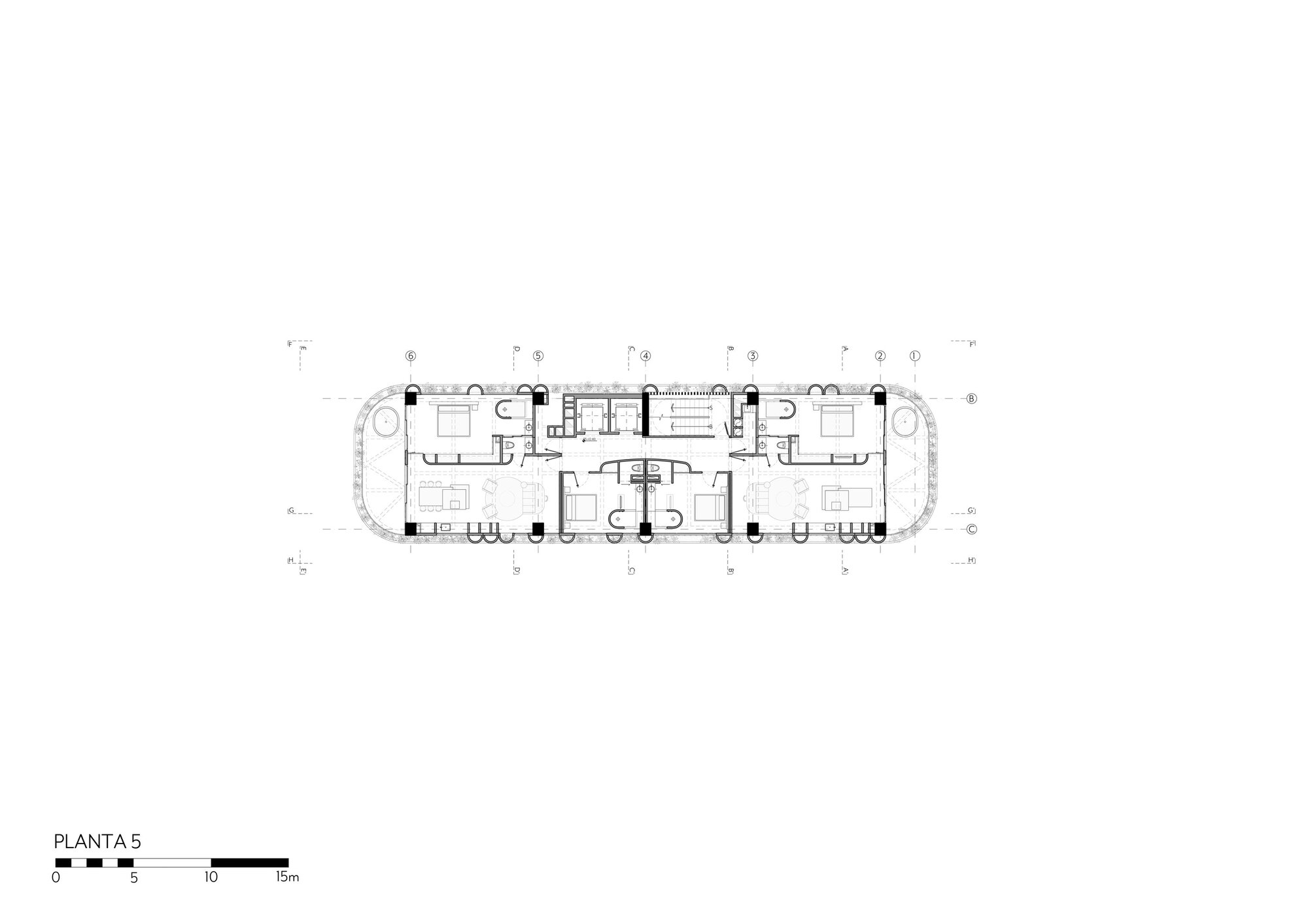 Floor plan drawing for level 5 showing apartment layouts, bedrooms and living areas arranged around a central circulation core
