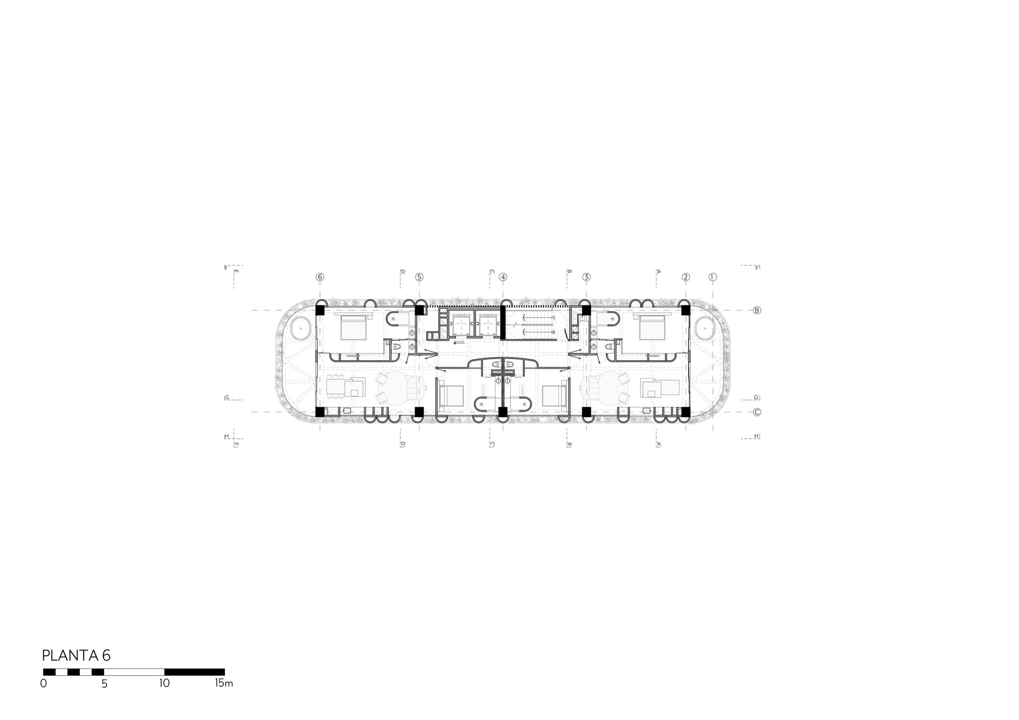 Floor plan drawing for level 6 showing paired apartments with curved wall edges on either side of the core