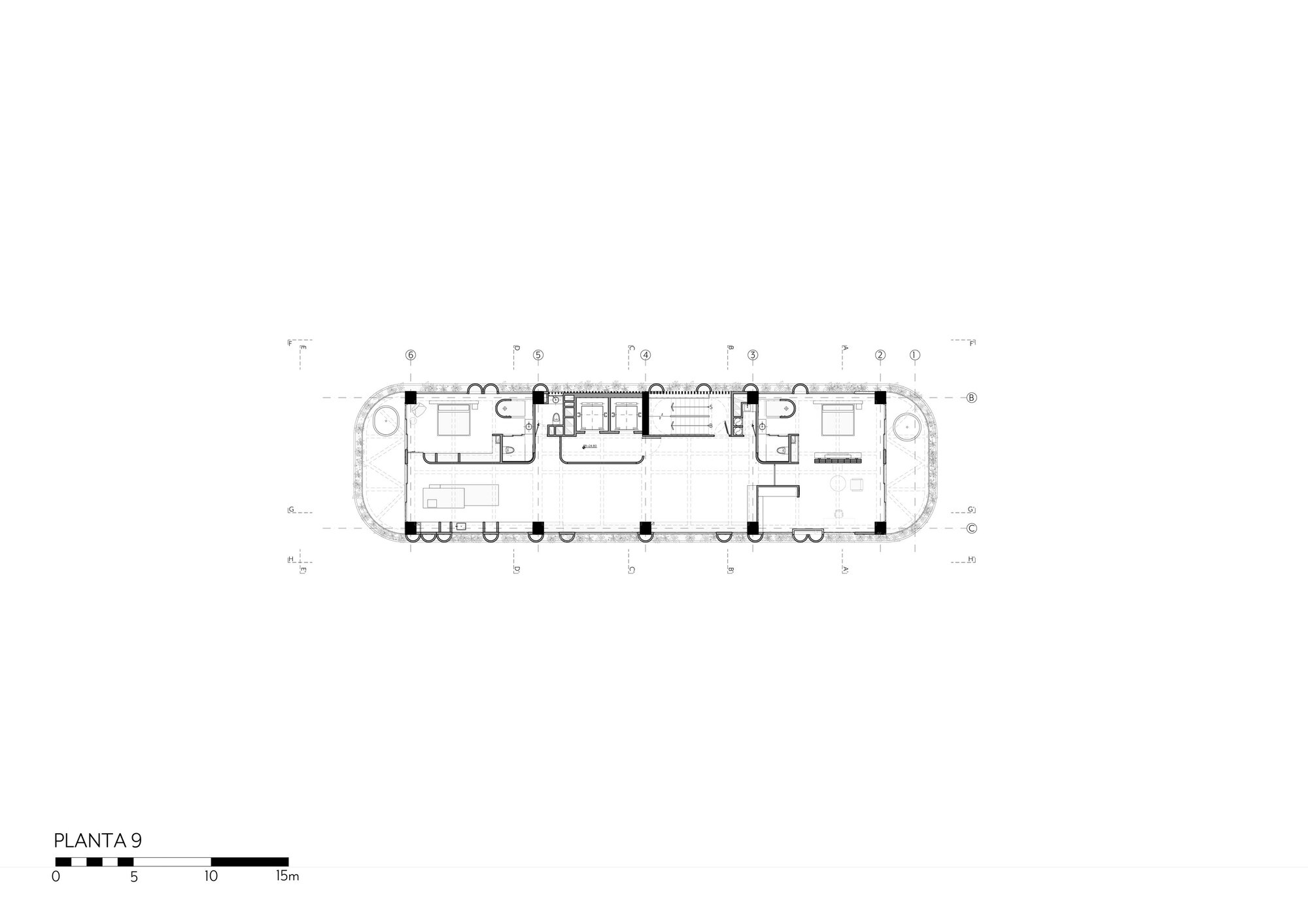 Floor plan drawing for level 9 showing an open full-length living space with a kitchen island and two end bedrooms