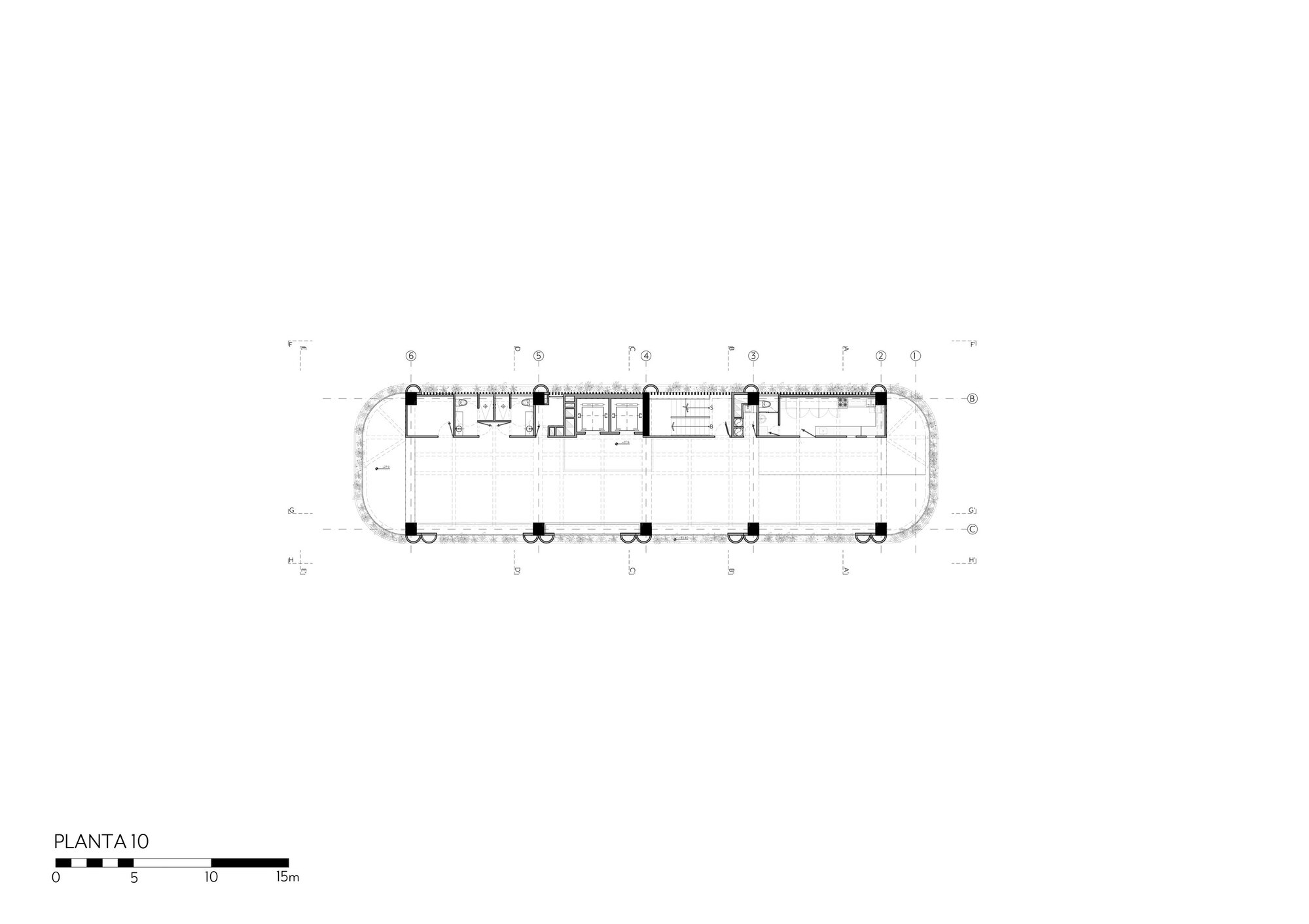 Tenth floor plan drawing of a long rounded rectangle with a service core, columns and planters along the perimeter
