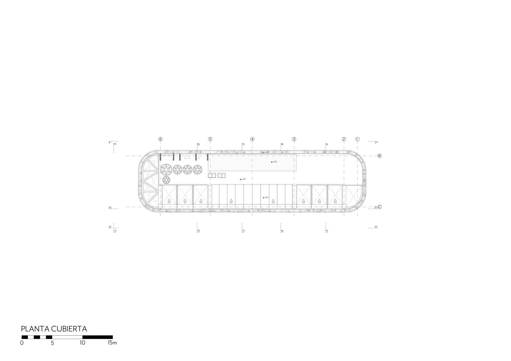 Roof plan drawing of an elongated rounded slab showing round tables, a skylit strip and a row of bays