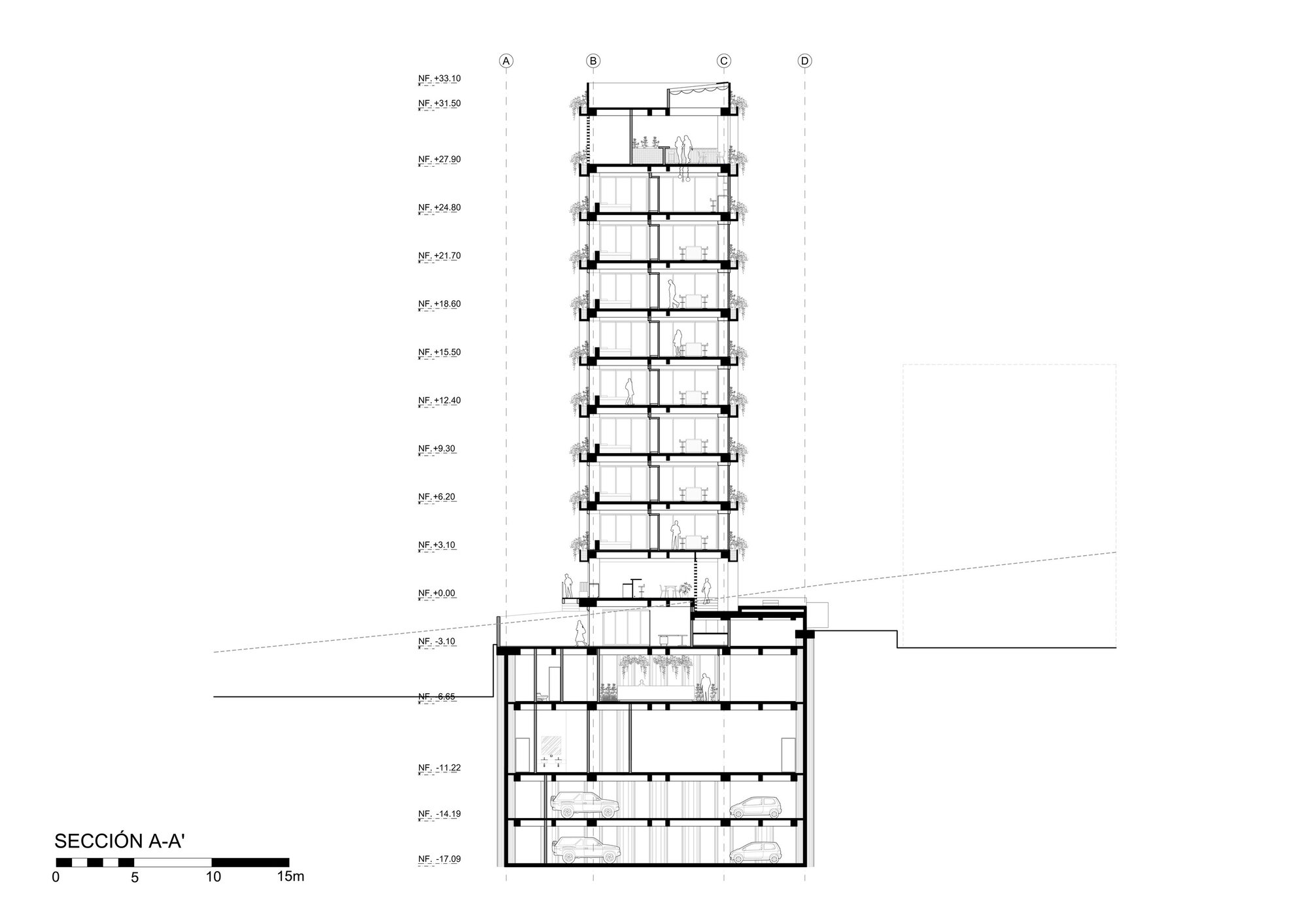 Building section drawing through a tall slender tower above a sloped site, with cars parked in three basement levels