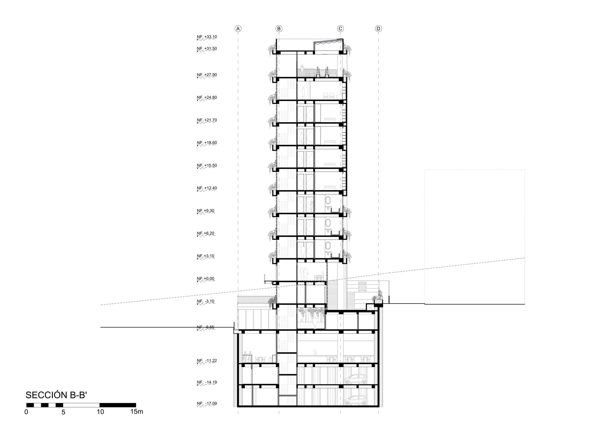 Building section drawing cut through the tower floors and stacked basement levels, with the ground line sloping across the site
