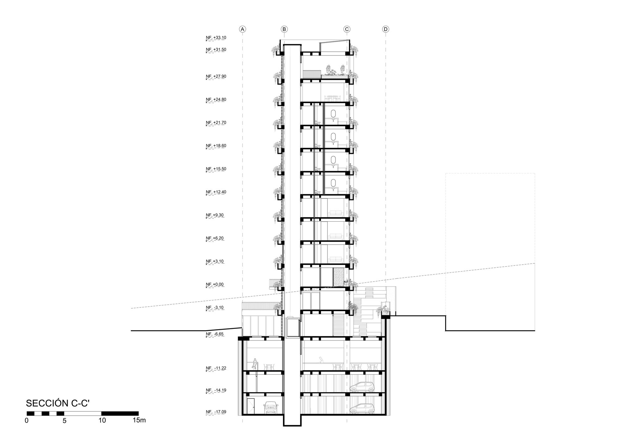 Building section drawing showing a tall central wall running from the rooftop down through the basement parking levels