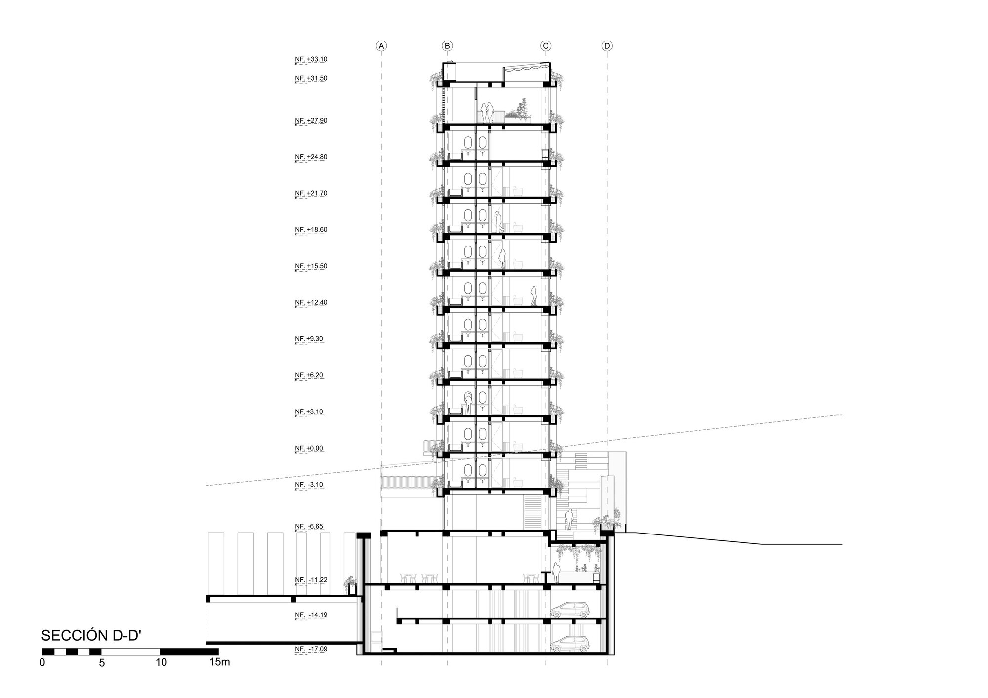 Building section drawing of the tower with repeated floor plates, planters on each edge and a stepped basement beside a neighbouring structure