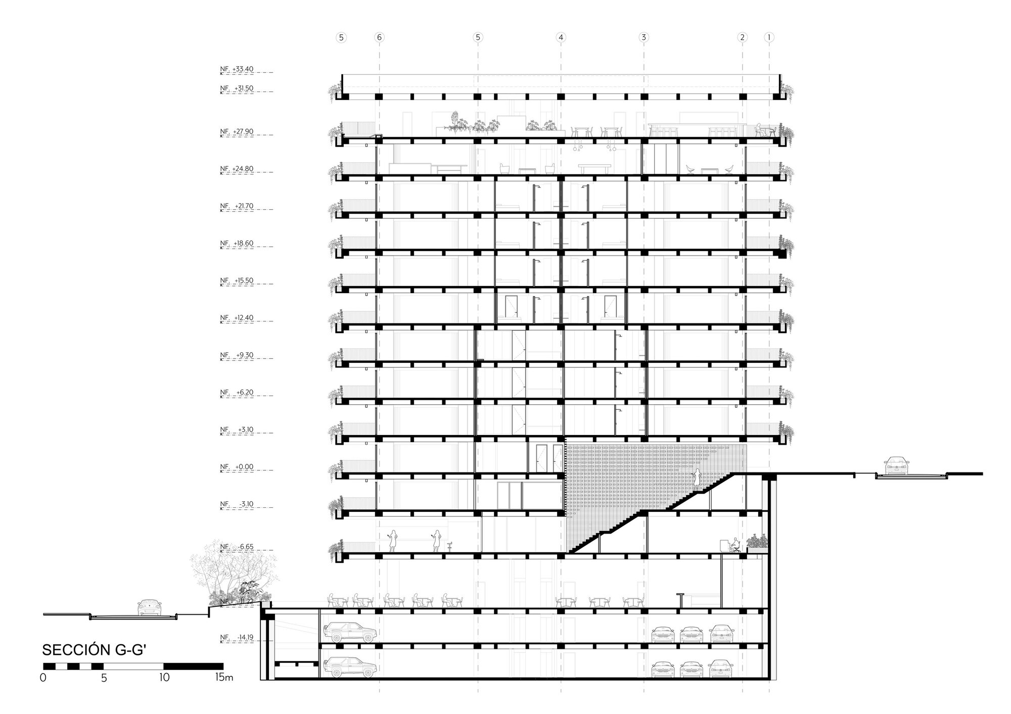 Building section drawing cutting through a tall residential tower, showing stacked floor slabs, a central stair void and two basement parking levels below grade