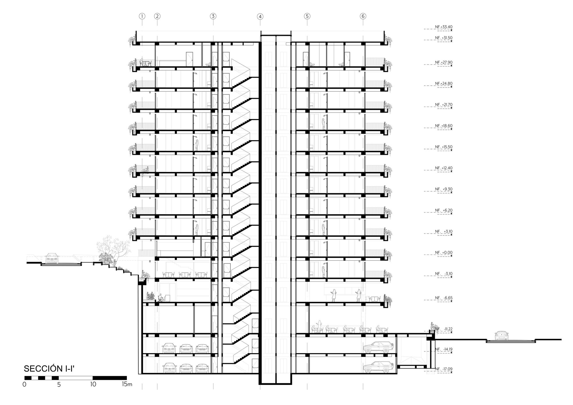 Building section drawing showing a central core with a diagonal stair run, flanking floor plates and underground parking levels beneath a sloping site