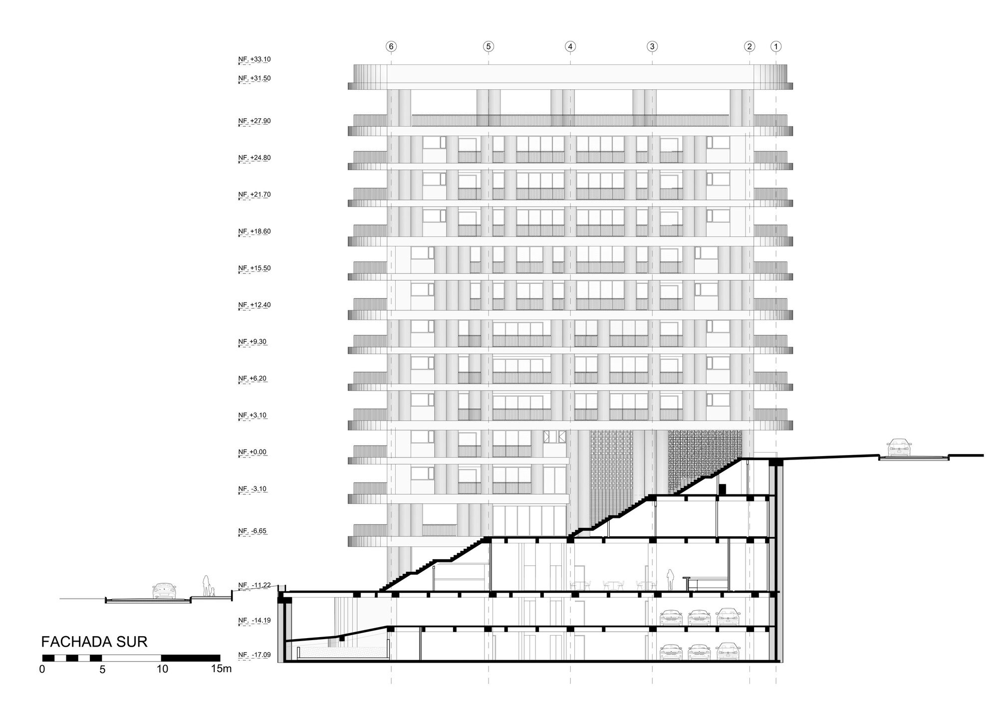 South elevation drawing of the tower with curved balconies and window bays, cut away at the base to reveal terraced stepped levels and parking floors