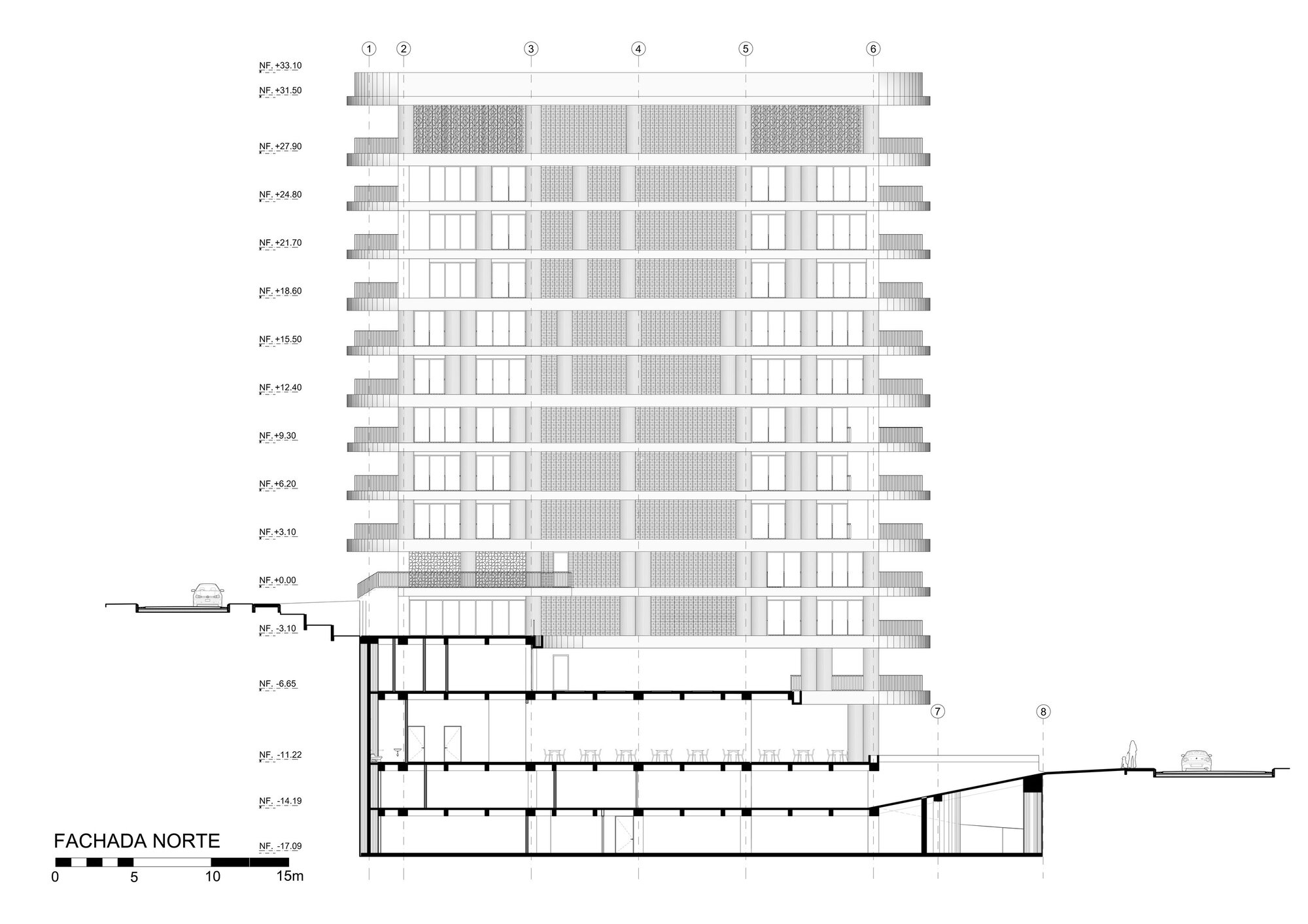 North elevation drawing showing a gridded facade of windows and perforated screen panels above a sectioned basement with stepped terrain on either side
