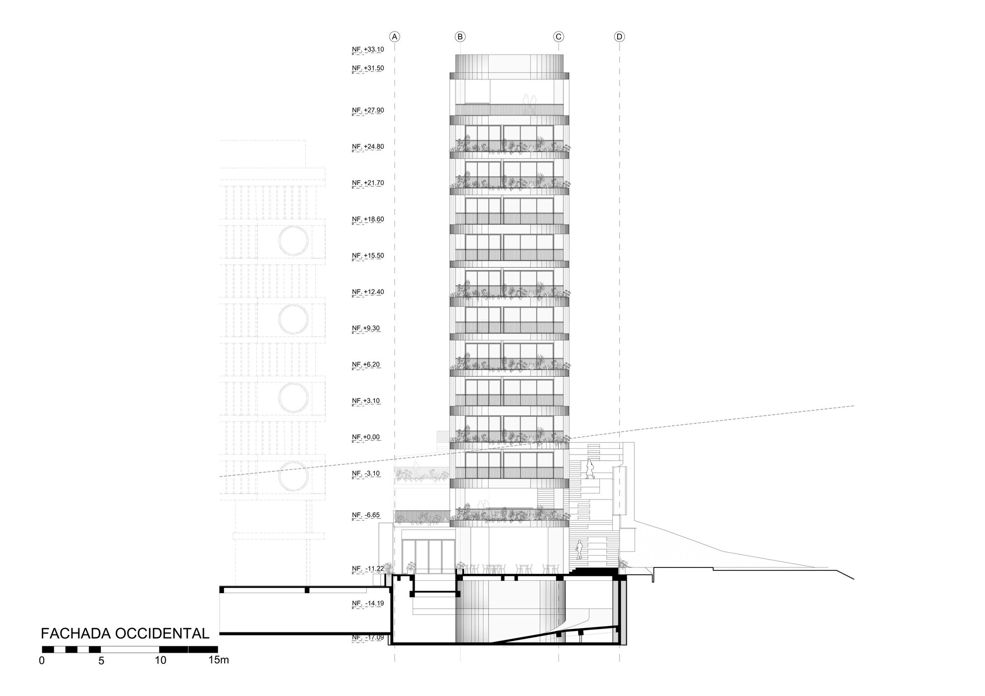West elevation drawing of the slender tower with rounded balcony edges, a faint neighboring facade at left and a sectioned curved basement below