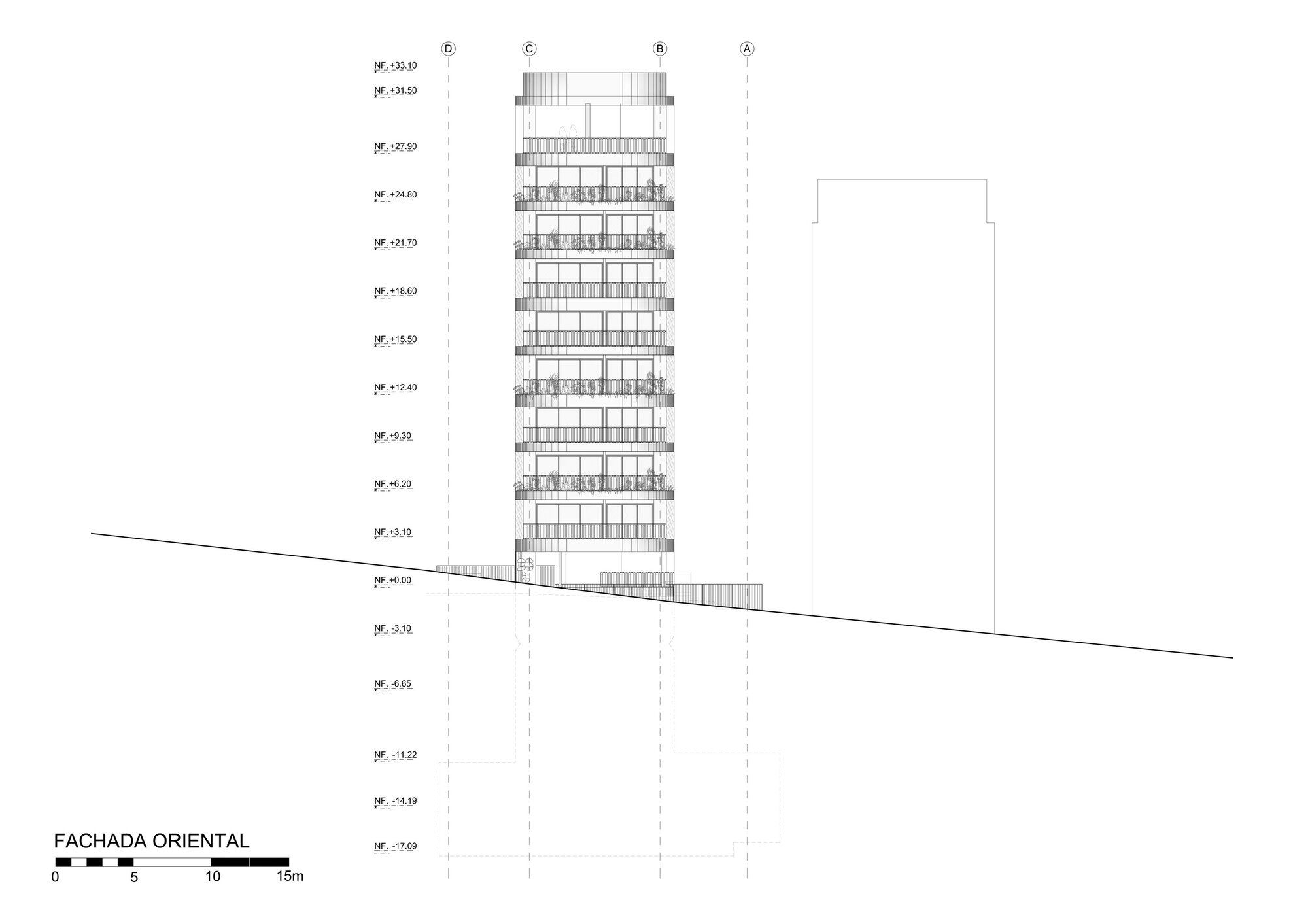 East elevation drawing of the narrow tower on a steeply sloping ground line, with a neighboring building outline to the right and dashed basement levels below
