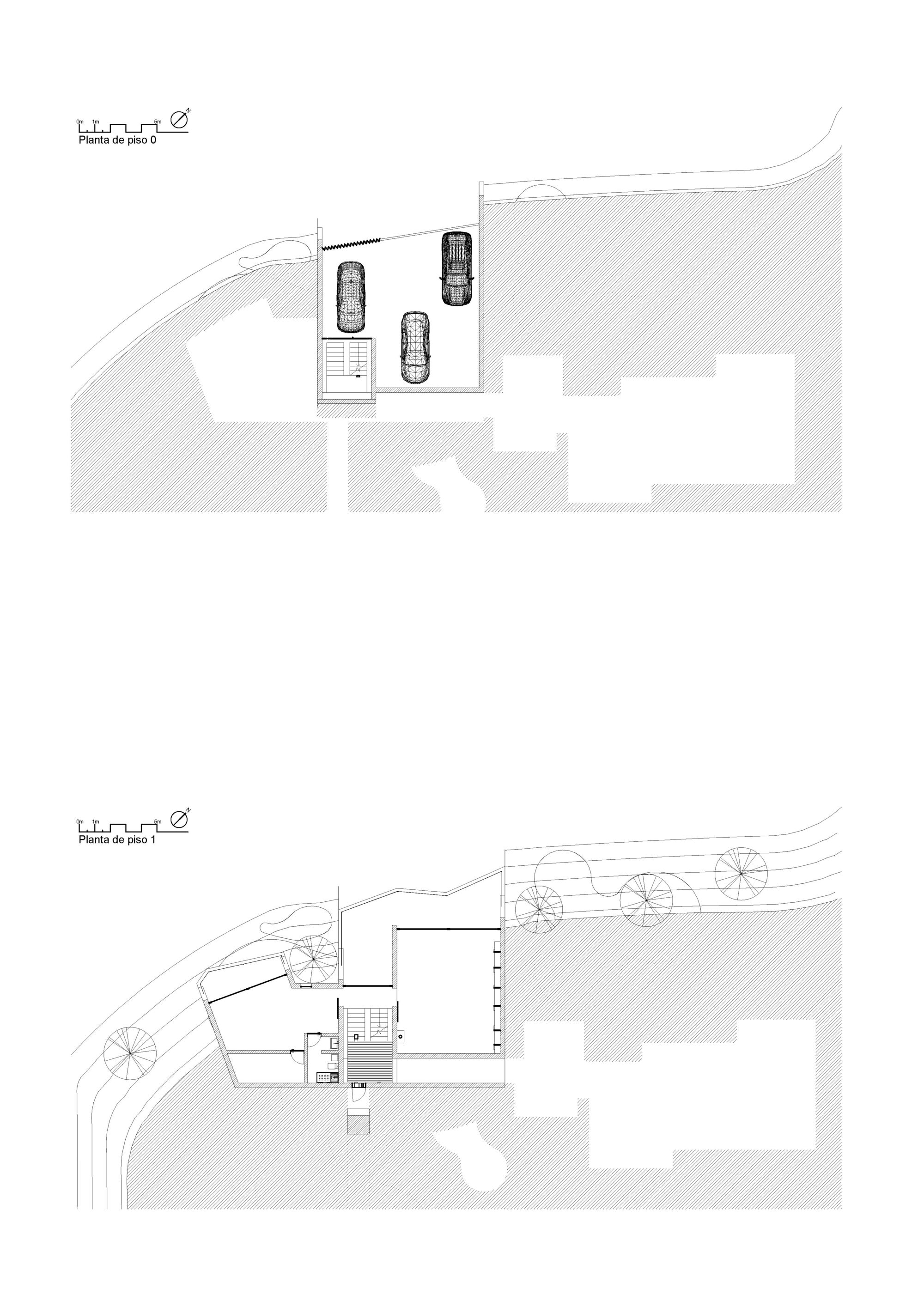 Two floor plan drawings, ground level with three parked cars and stair, upper level with room layout beside the existing house outline