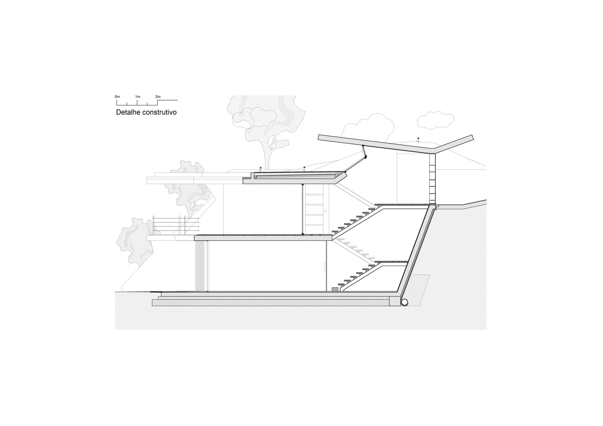 Section drawing of a three-level house cut into a slope, showing a zigzag stair, retaining wall, butterfly roof and sketched trees