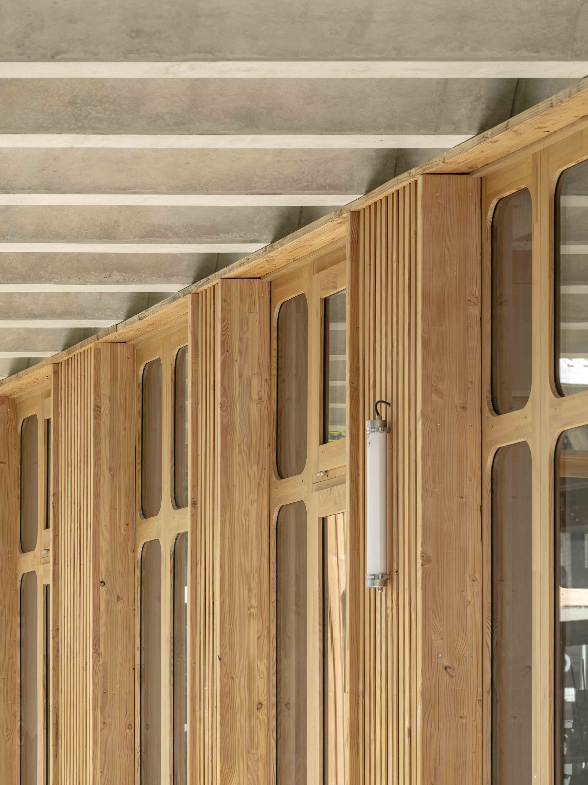 Close-up of vertical timber fins and arched glass panes beneath a concrete ceiling with a surface-mounted tube light