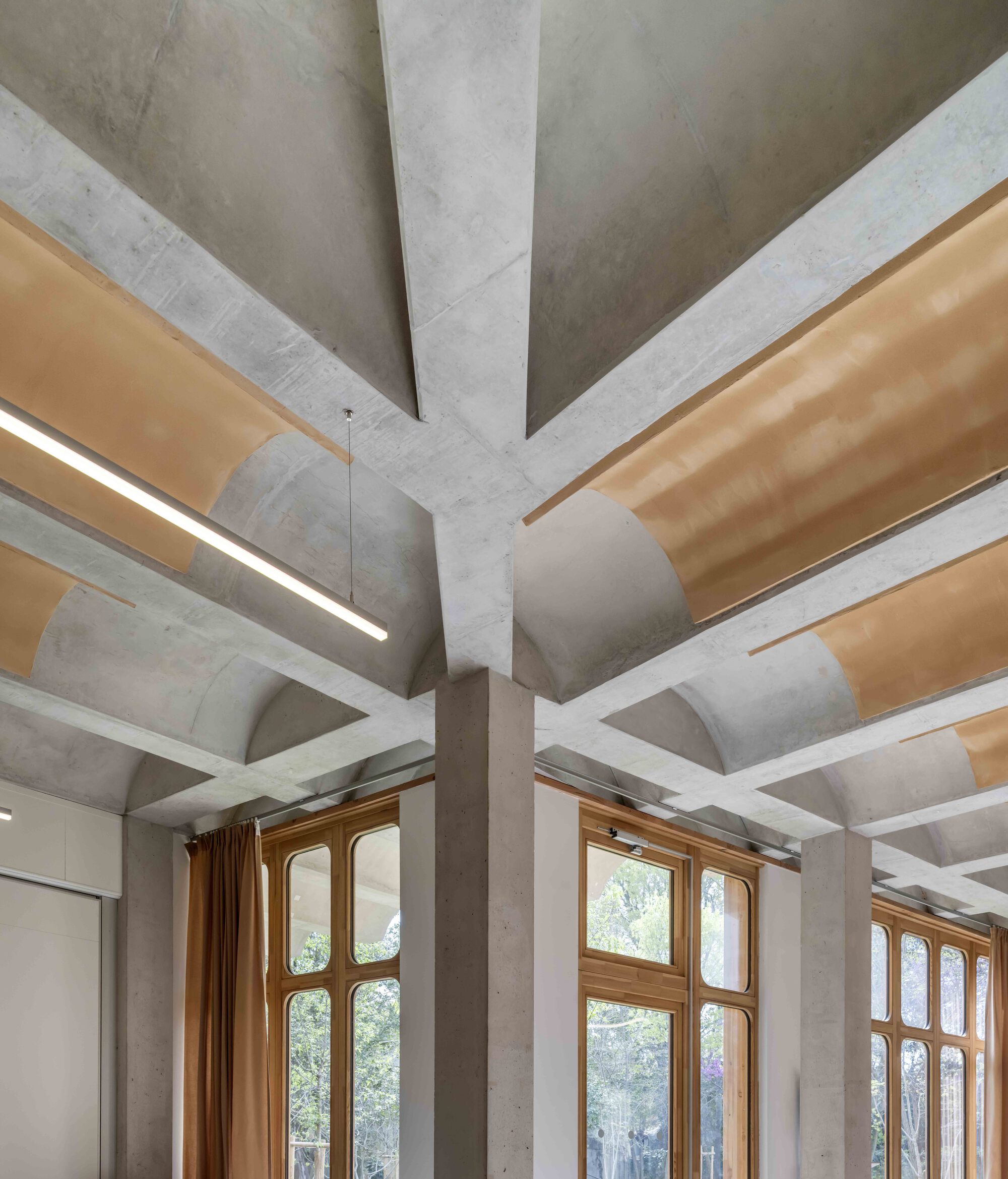 Upward view of the concrete column and ribbed vaults with wood-faced panels, a linear light and tall windows below