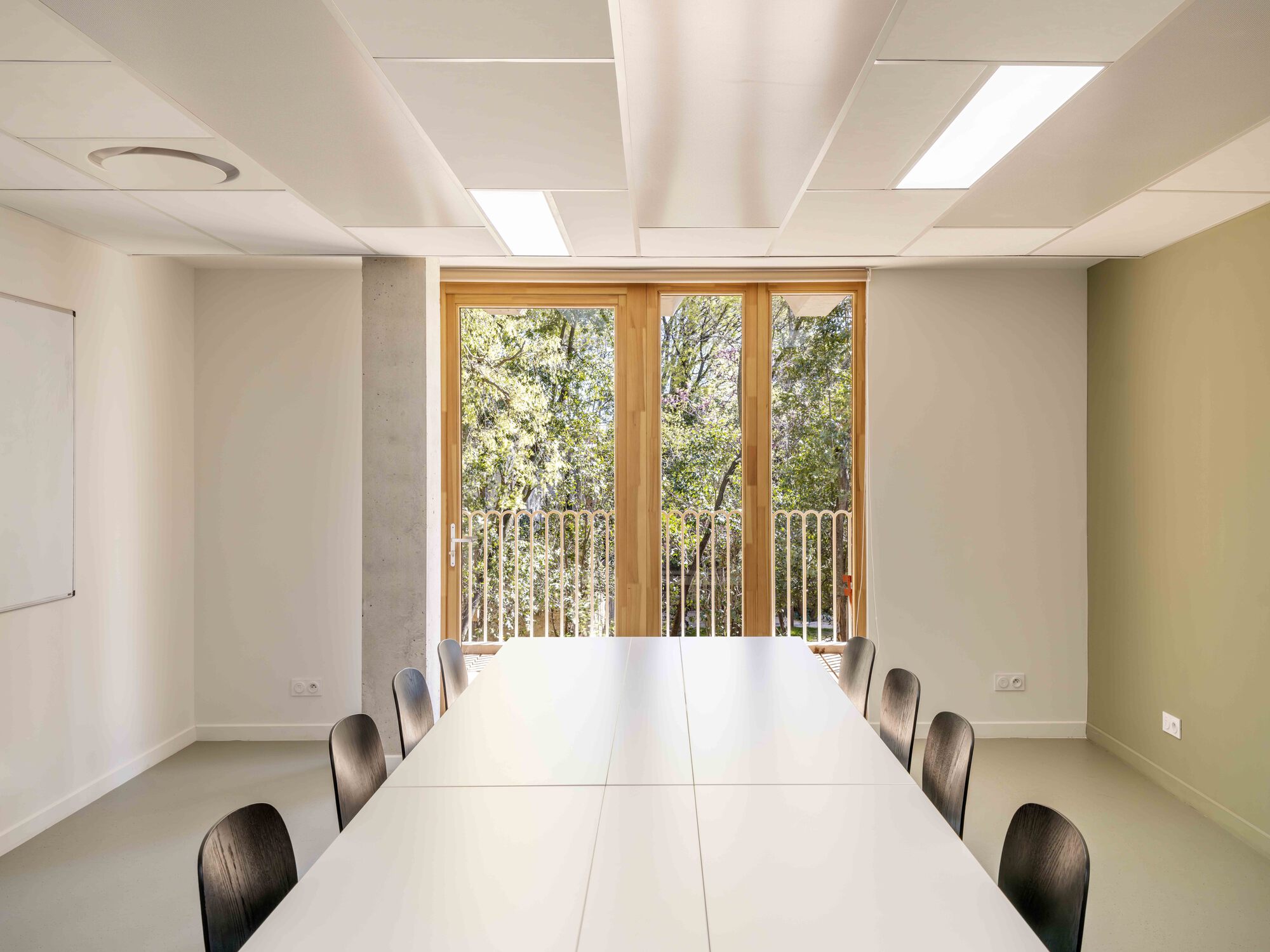 Meeting room with a long white table, black chairs and a timber-framed glass door opening onto a leafy balcony