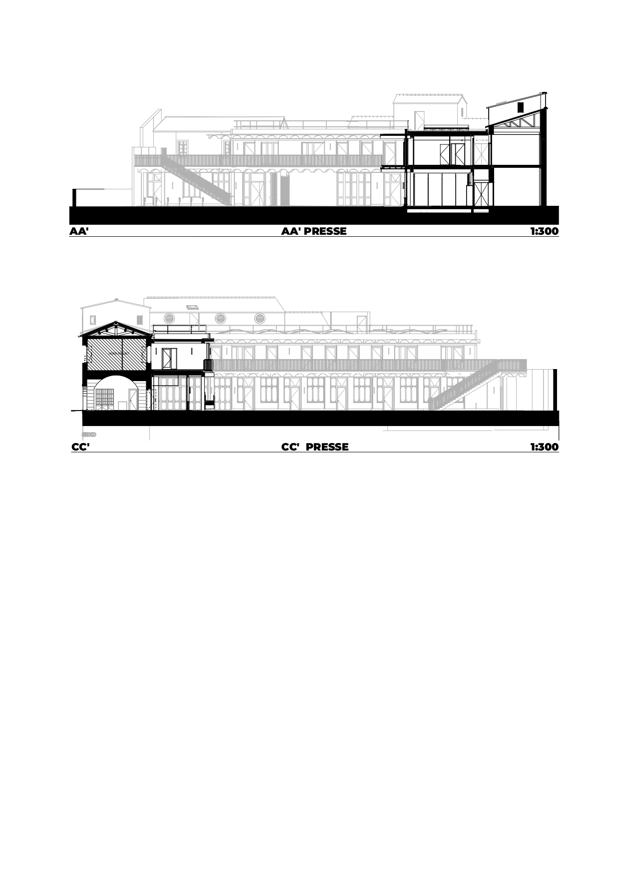 Two section drawings through the building showing a timber-framed gallery, exterior staircase and a tiled-roof volume at one end