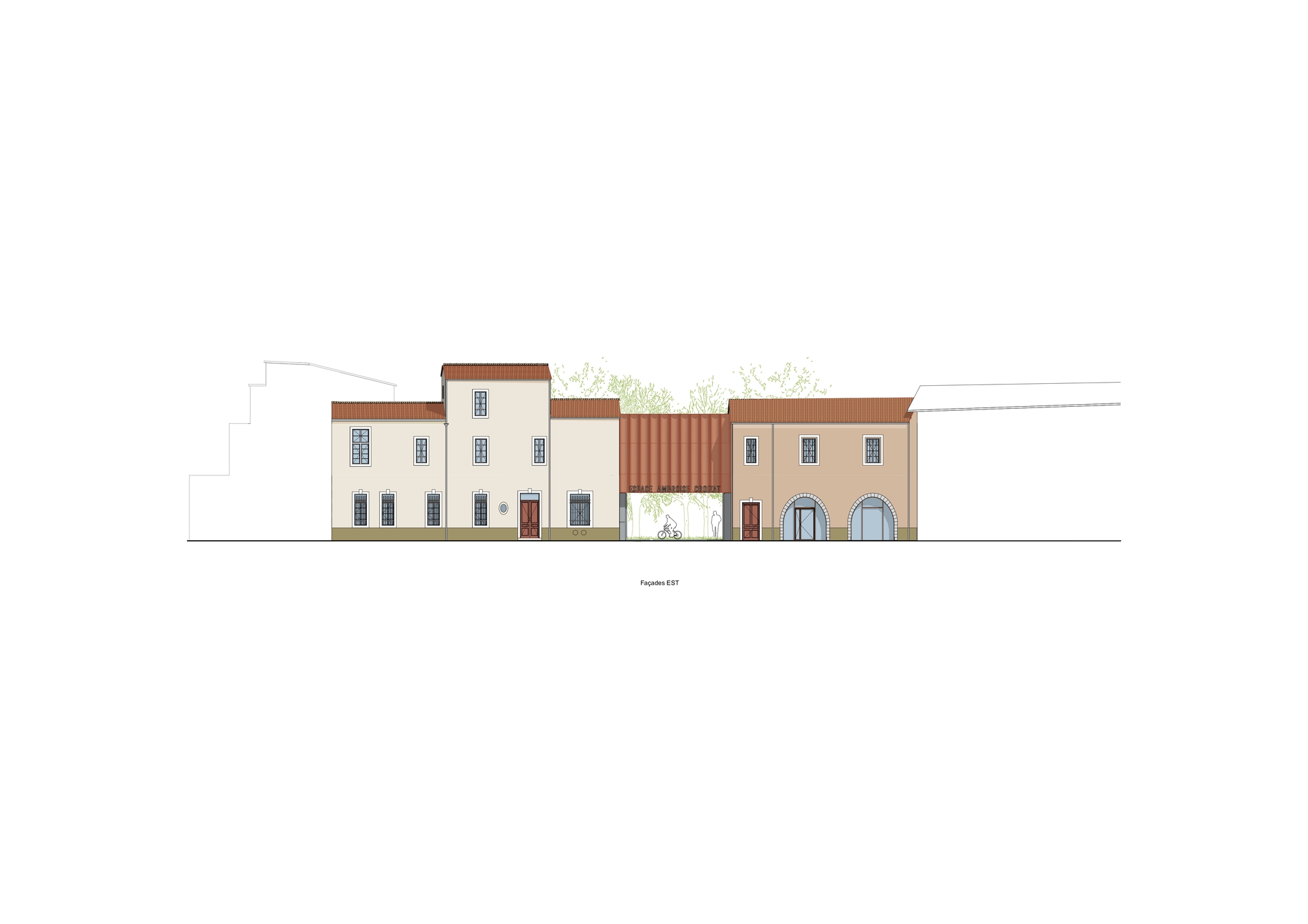 East elevation drawing in color showing plastered facades with terracotta roofs and a tiled gateway passage framing a bicycle and trees