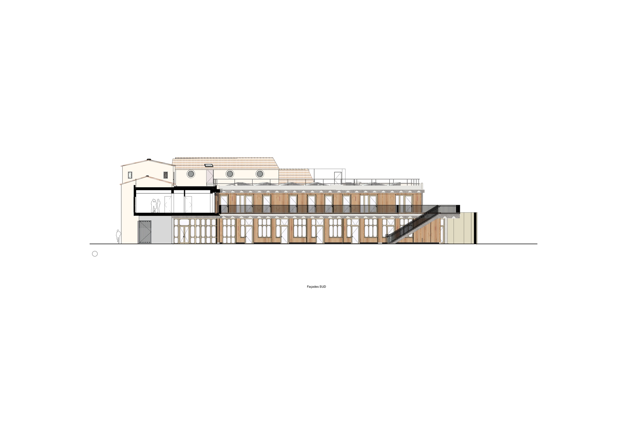 South elevation drawing with a cut section, showing a timber-clad gallery facade, a steel staircase and the older tiled-roof building at left