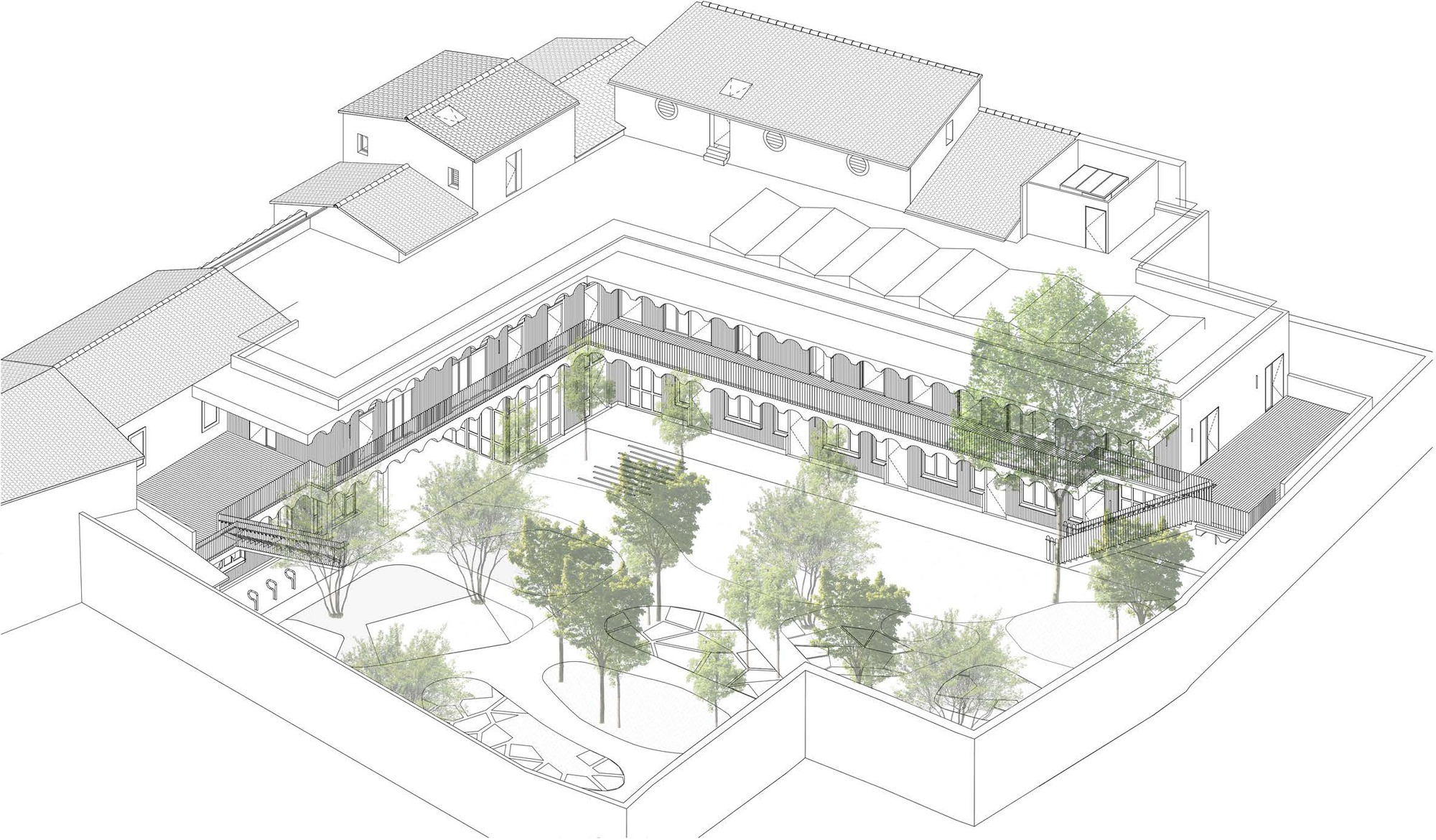 Axonometric drawing of a courtyard building with arcaded galleries around a central garden of scattered trees and curving paths