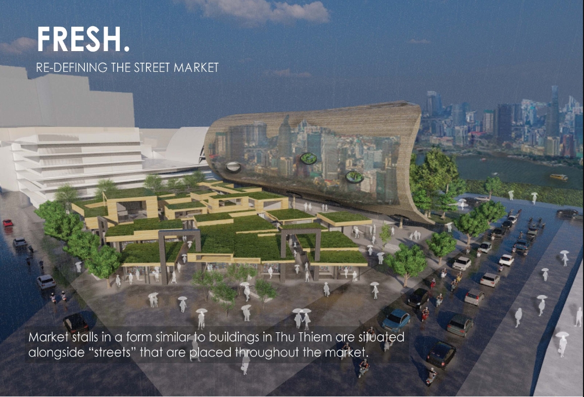 Market Stalls in a form similar to buildings in Thu Thiem are situtated alongside "streets" that are placed throughout the market. Image: Katherine Herrera