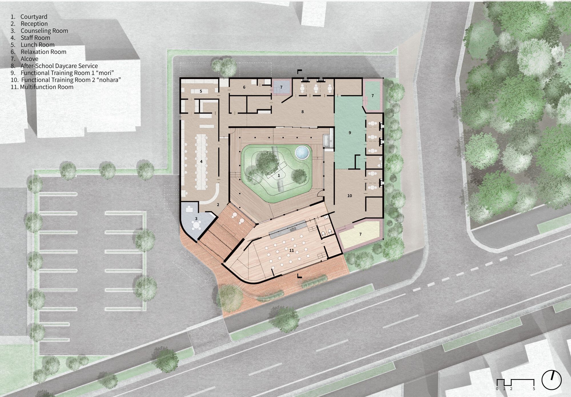 Site plan drawing showing a courtyard-centered building with labeled rooms, a parking lot at left, a road below and trees at right
