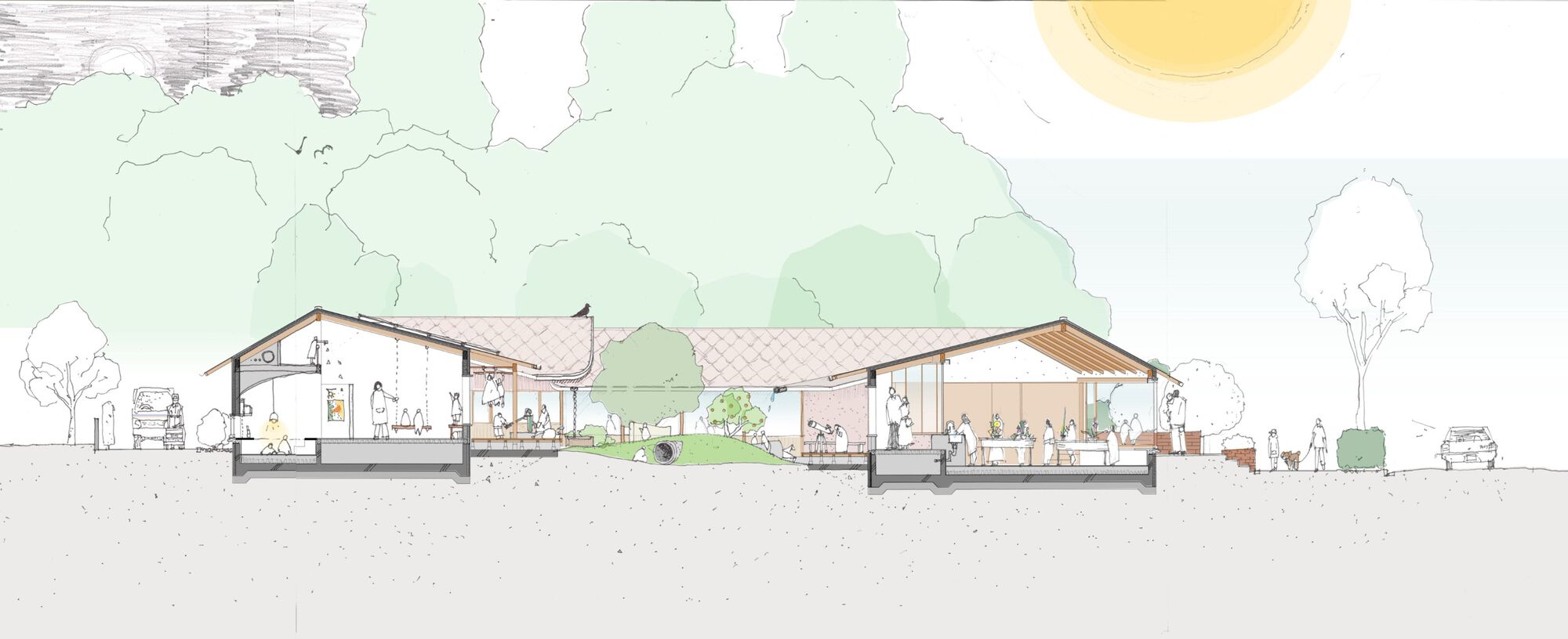 Section drawing cutting through two pitched-roof wings and a central grassy courtyard, with figures, a car and large trees under a yellow sun