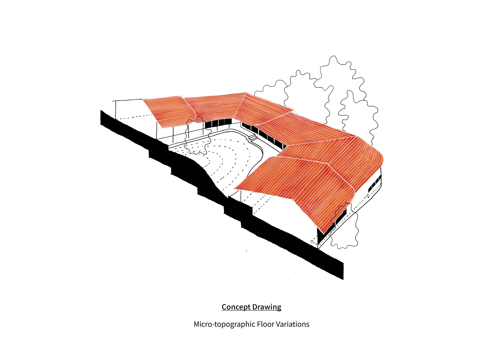 Axonometric concept drawing of a U-shaped building with orange folded roofs stepping down a sloped site around a curving courtyard