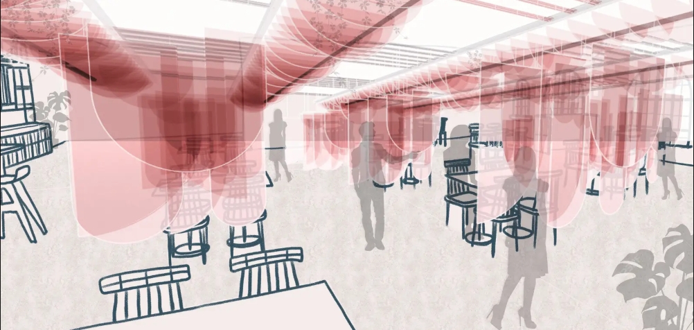 Interior perspective sketch of translucent red suspended panels hanging above dining tables, with figures standing between chairs. Image: Neha Sadruddin, Sanjana Paramhans