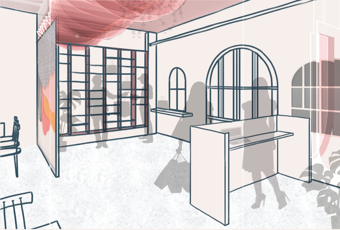 Interior perspective sketch of a host desk beside arched windows and a shelving wall, with a shopper carrying bags under a pink canopy. Image: Neha Sadruddin, Sanjana Paramhans