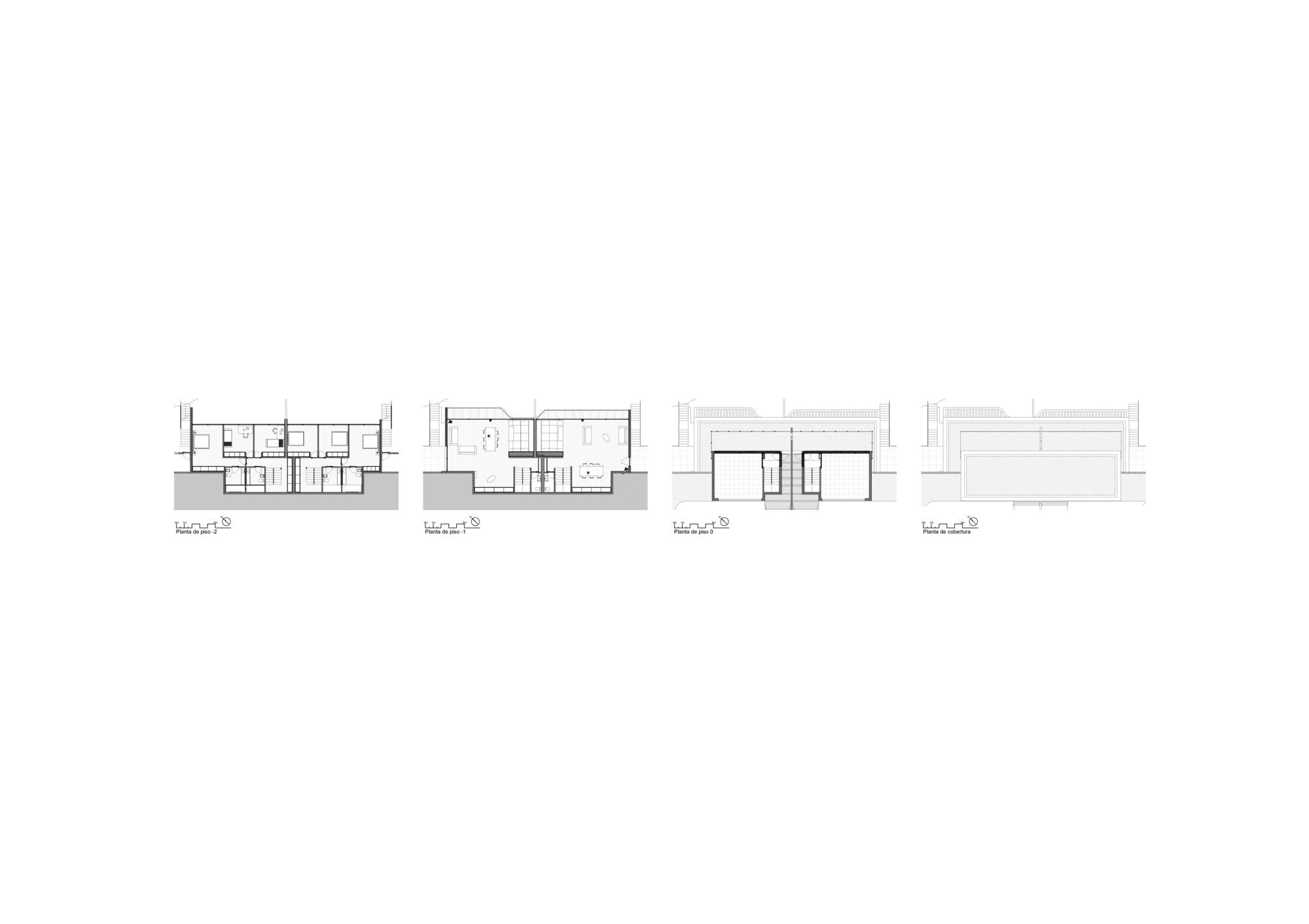 Row of four floor plan drawings showing bedroom level, living level, upper volumes and roof plan of a split house