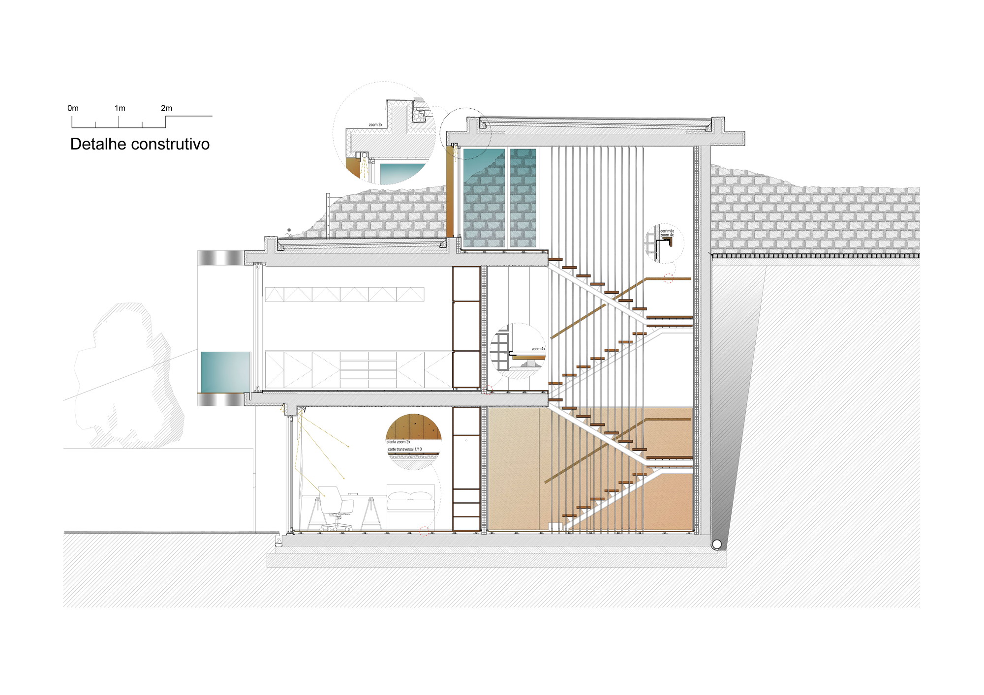 Construction section drawing showing a suspended timber stair with cable balustrade, stacked floors and a stone retaining wall beside