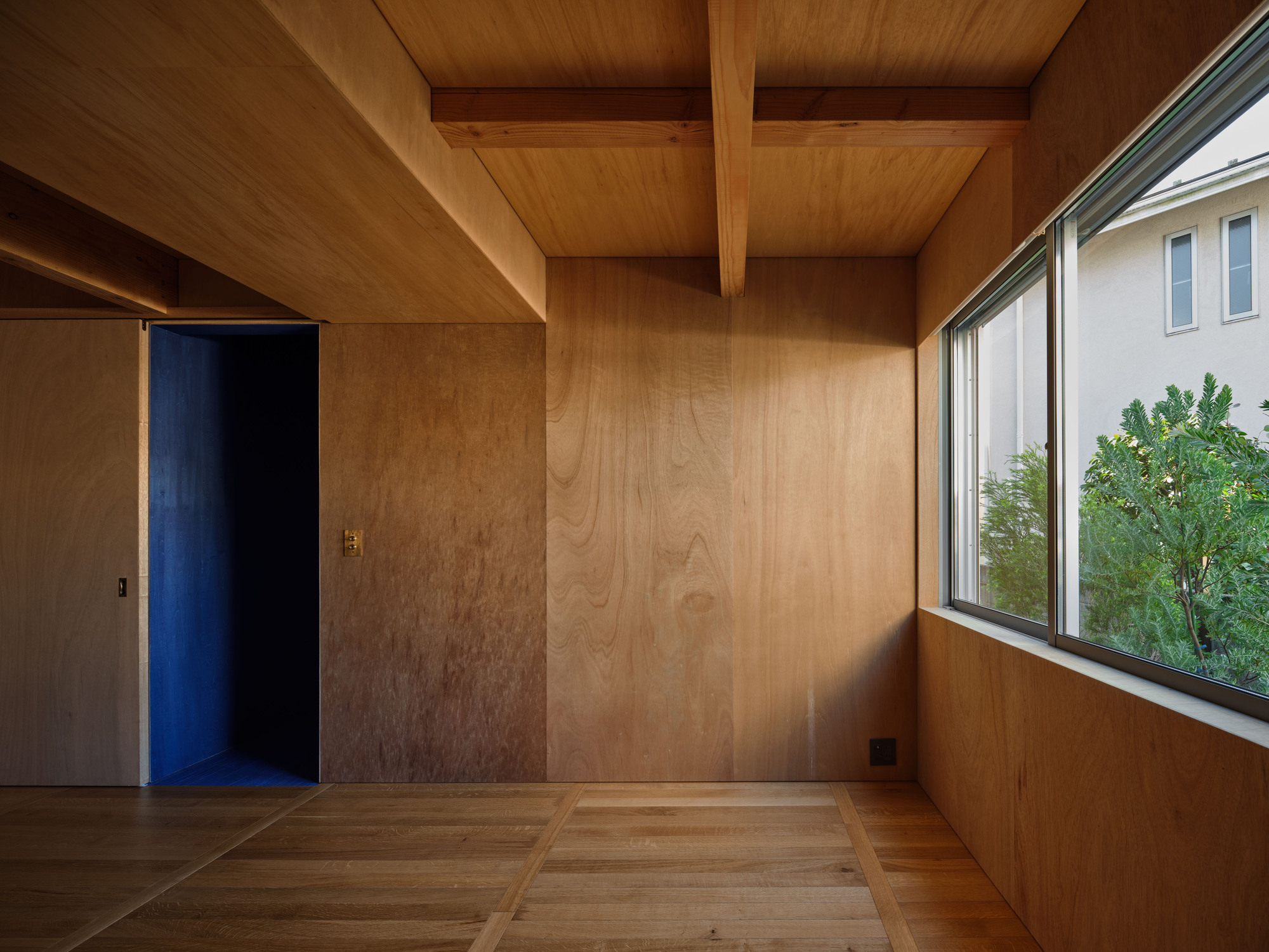 Plywood-paneled room with a ceiling beam, a deep blue closet opening and a corner window onto a green shrub