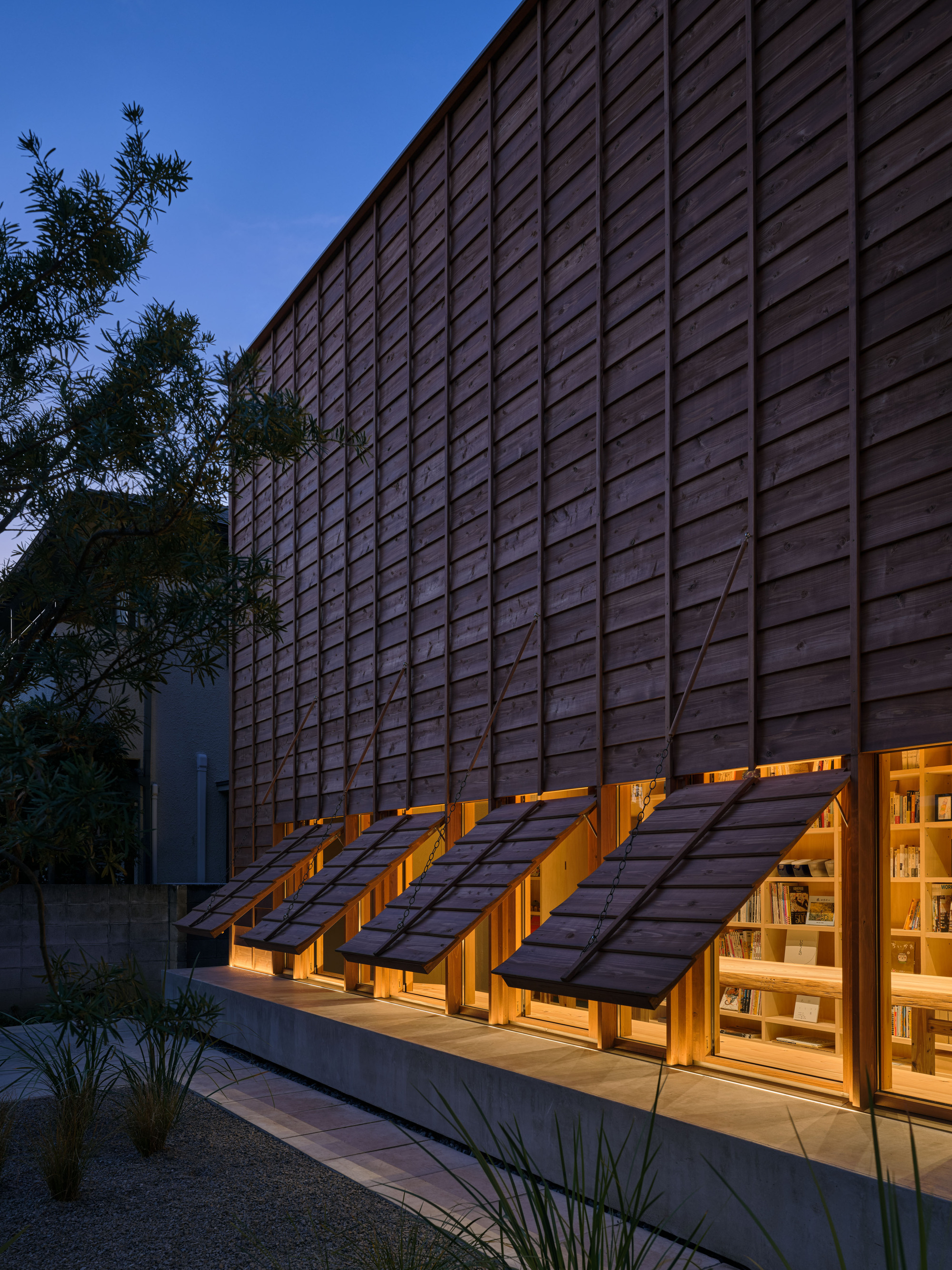 Angled view of propped timber shutters over glowing bookshelves along a concrete plinth, with a tree and grasses in the foreground at twilight