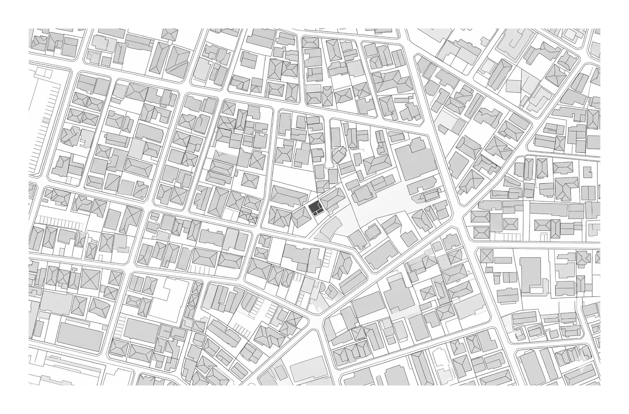 Site plan drawing of a dense neighborhood of roofs and narrow streets with one small house footprint picked out in black