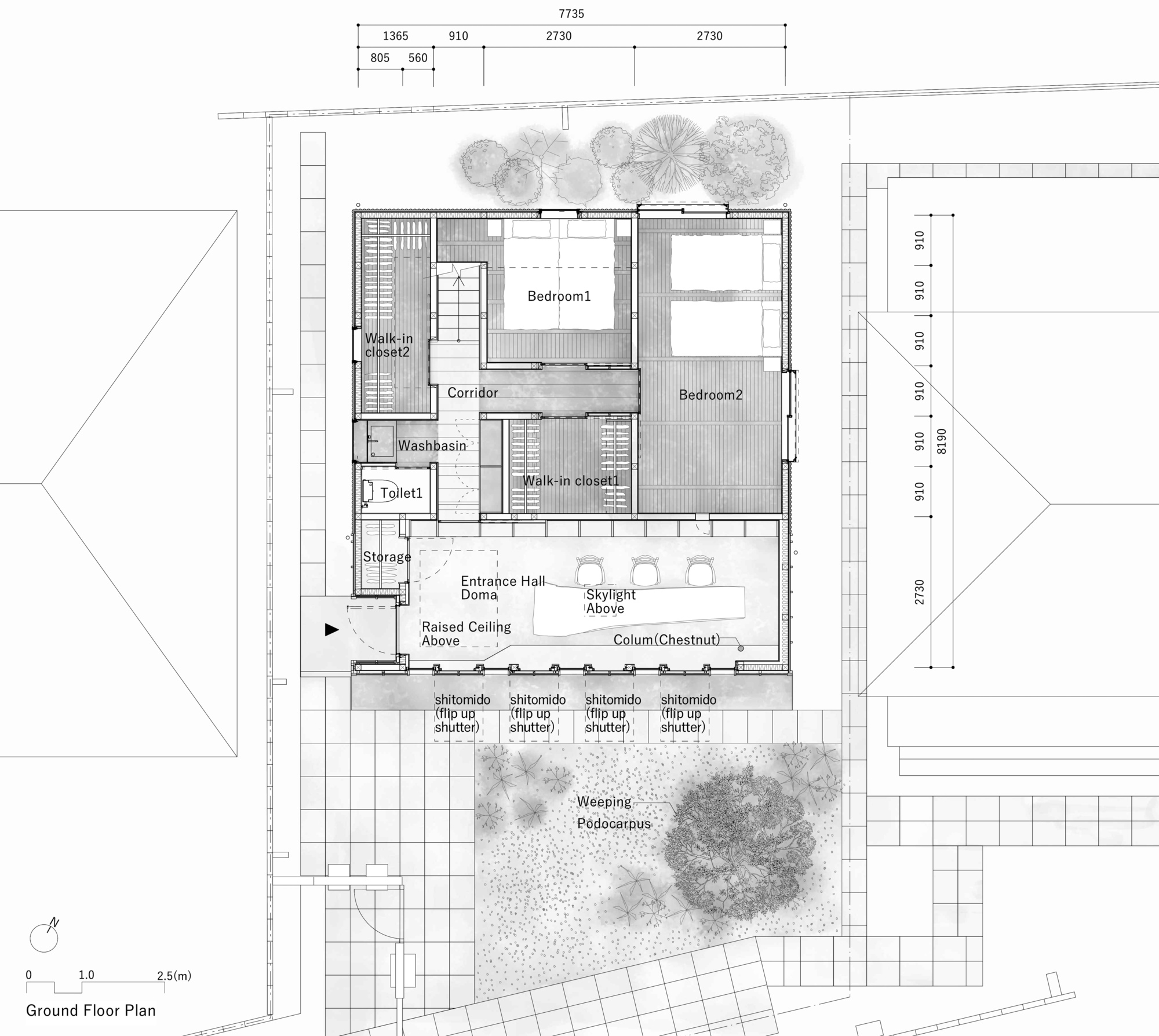 Ground floor plan drawing showing an entrance hall along the south side, two bedrooms, closets and a planted garden with weeping podocarpus