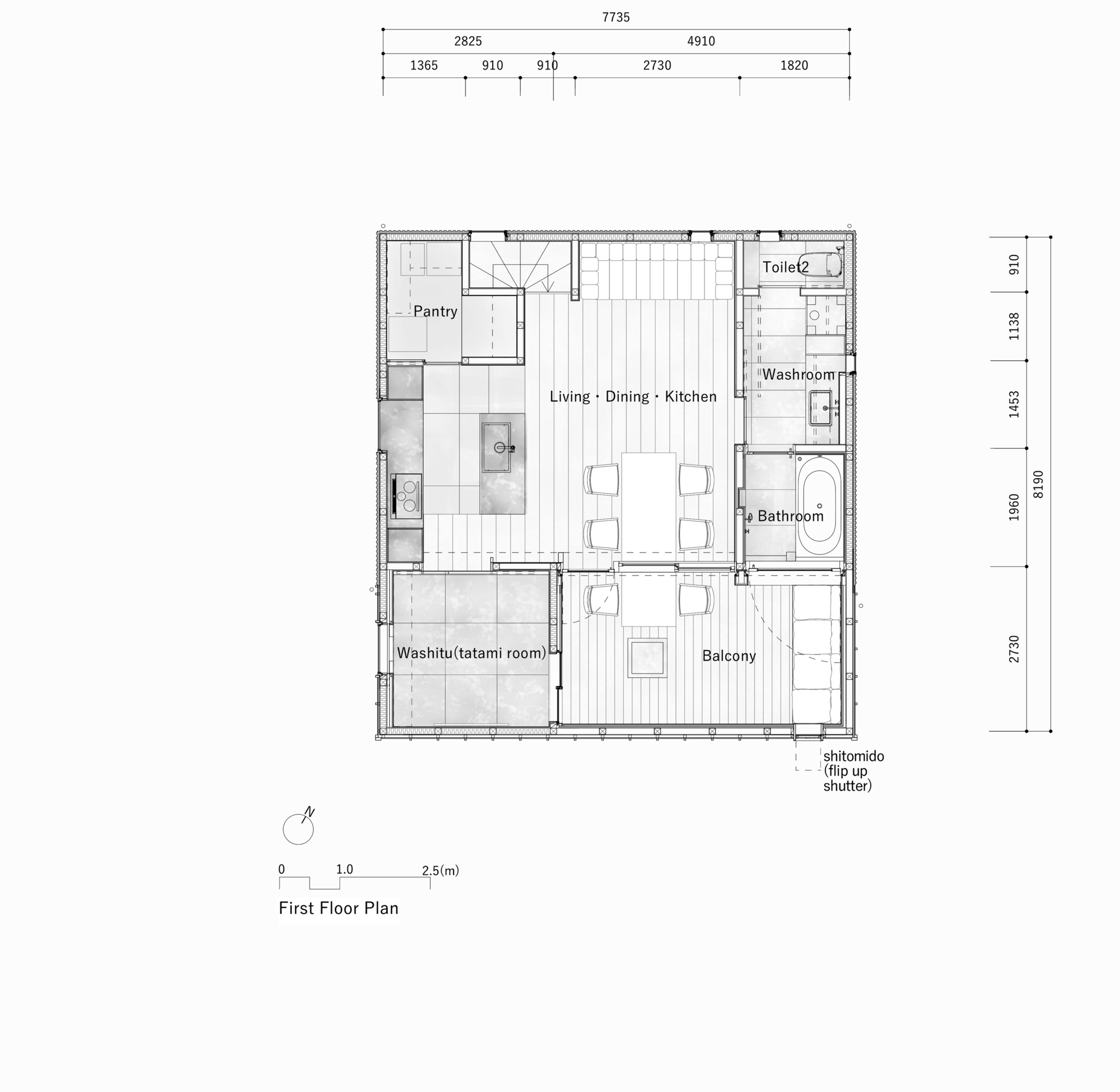 First floor plan drawing showing an open living, dining and kitchen space beside a tatami room, balcony, bathroom and pantry