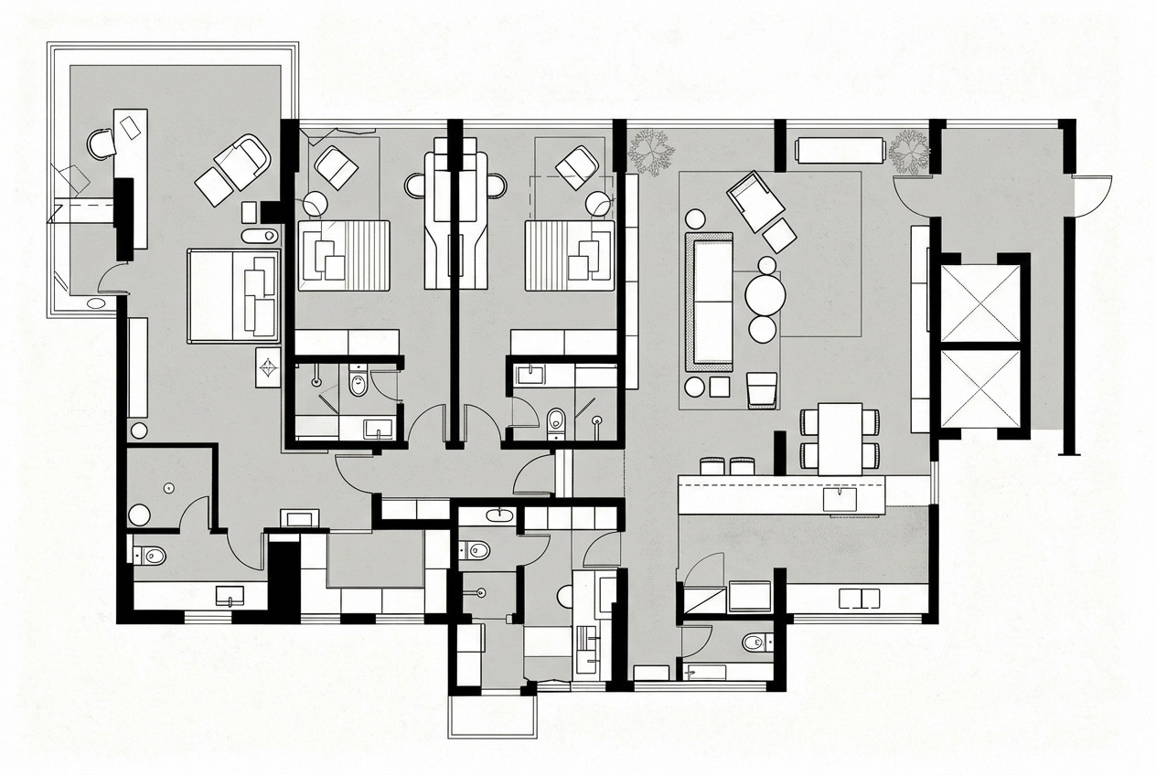 Floor plan drawing of an apartment showing bedrooms with ensuite bathrooms, a living and dining area, and an open kitchen counter