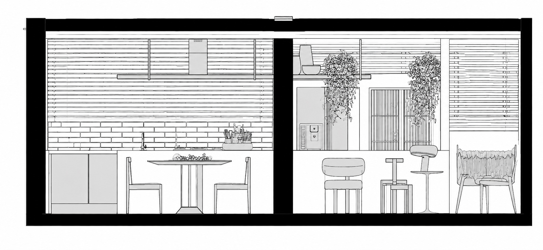 Section drawing of two rooms showing a kitchen with brick wall and dining table beside a lounge with stools and hanging plants