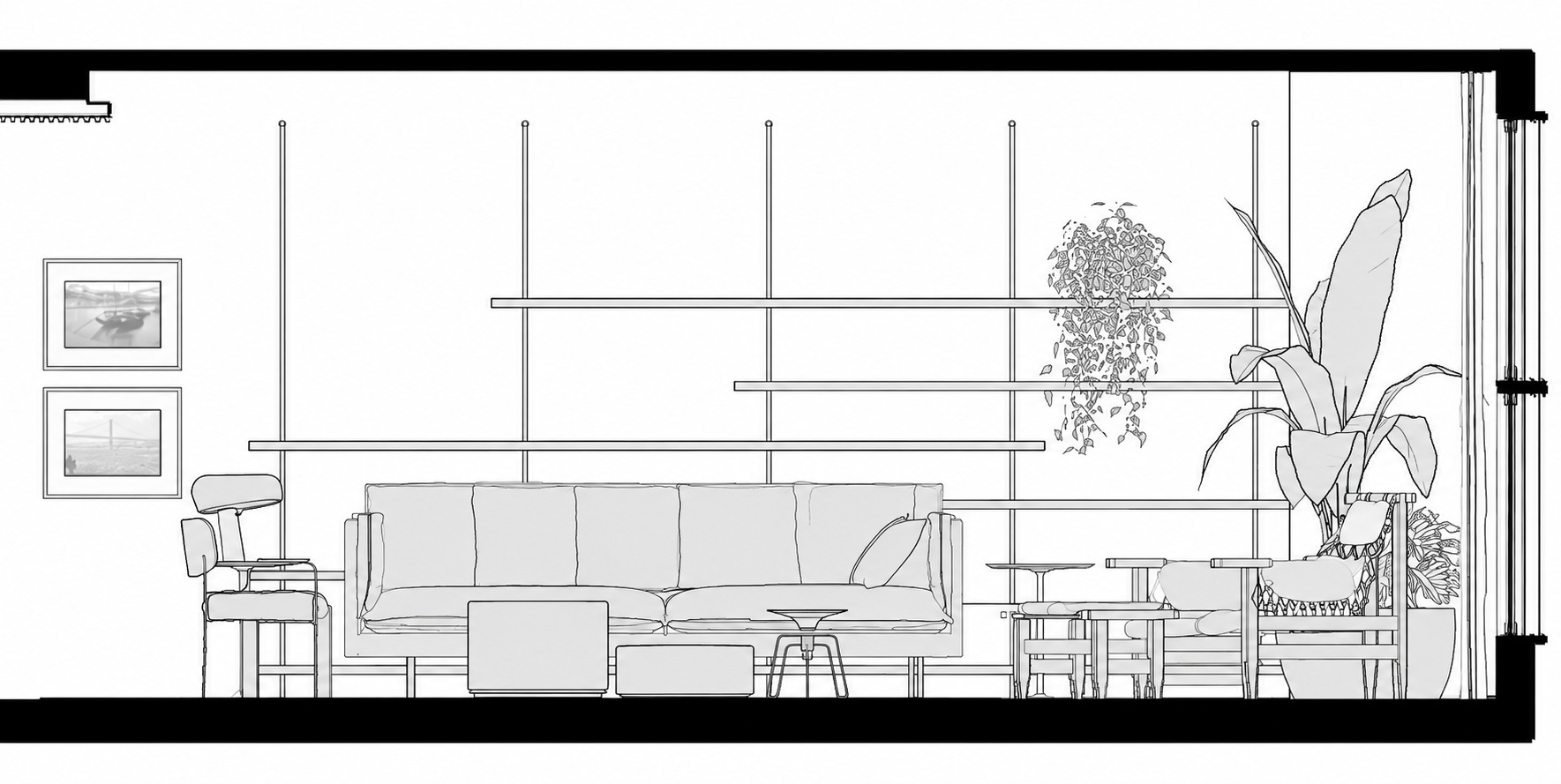 Interior section drawing of a living room showing a sofa, floating shelves hung from vertical rods, framed pictures, and a tall potted plant by the window