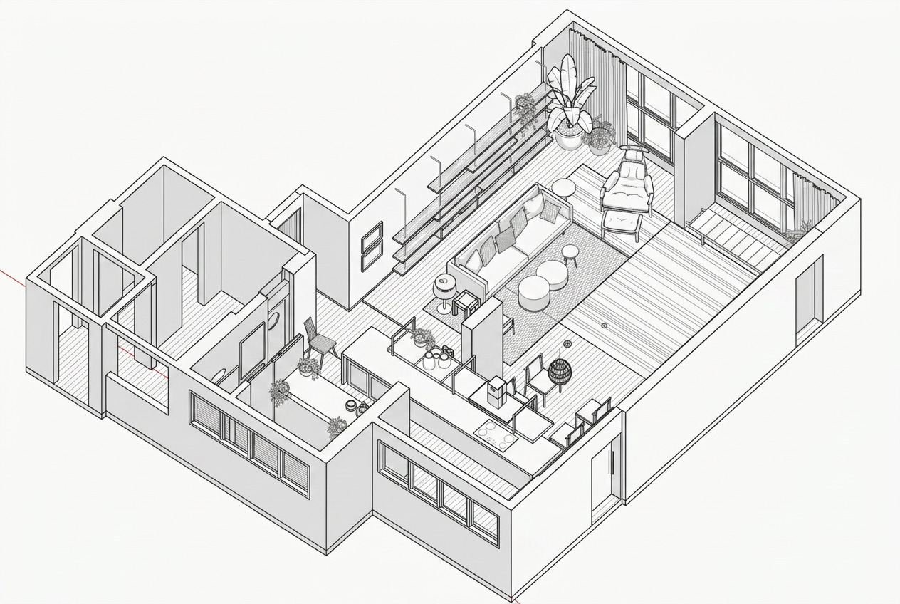 Axonometric cutaway drawing of an apartment layout showing the living area, kitchen counter, bedrooms and bathrooms, with furniture and plants drawn in