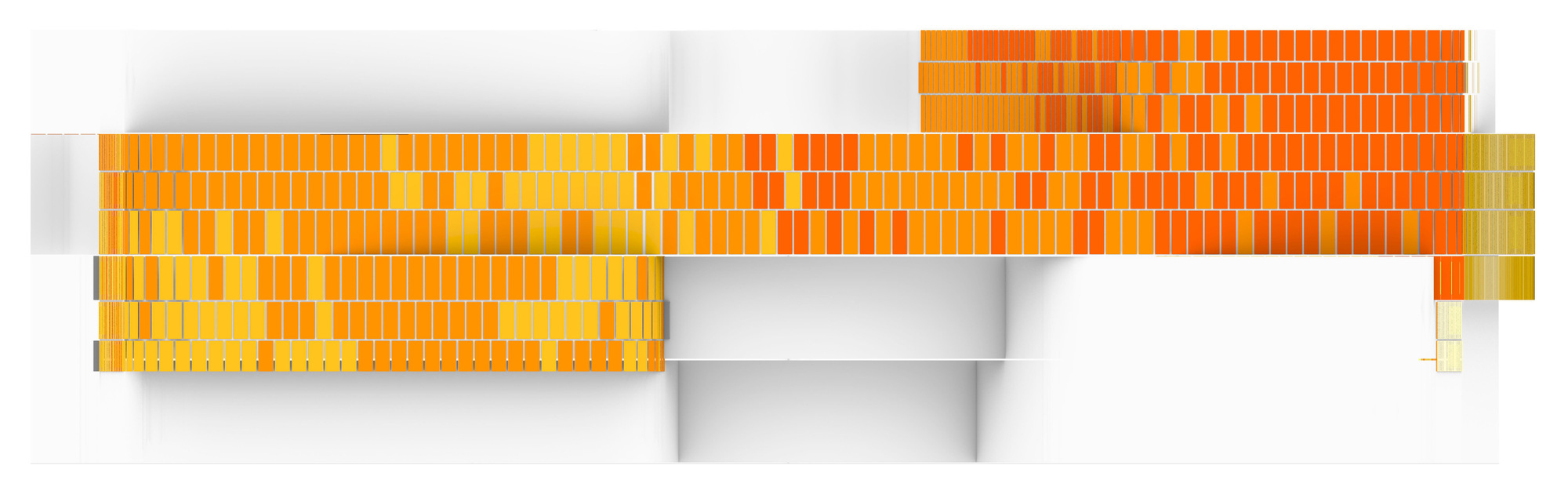 Flat elevation diagram of facade panels shaded from yellow to deep orange to show varying solar radiation across a stepped building
